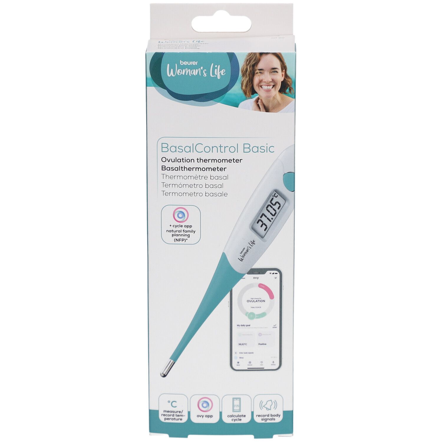 Verpackung mit Basalthermometer. Aufdruck: BasalControl Basic, Ovulation thermometer. Digitalanzeige: 37.05. Marke: Beurer Women's Life.