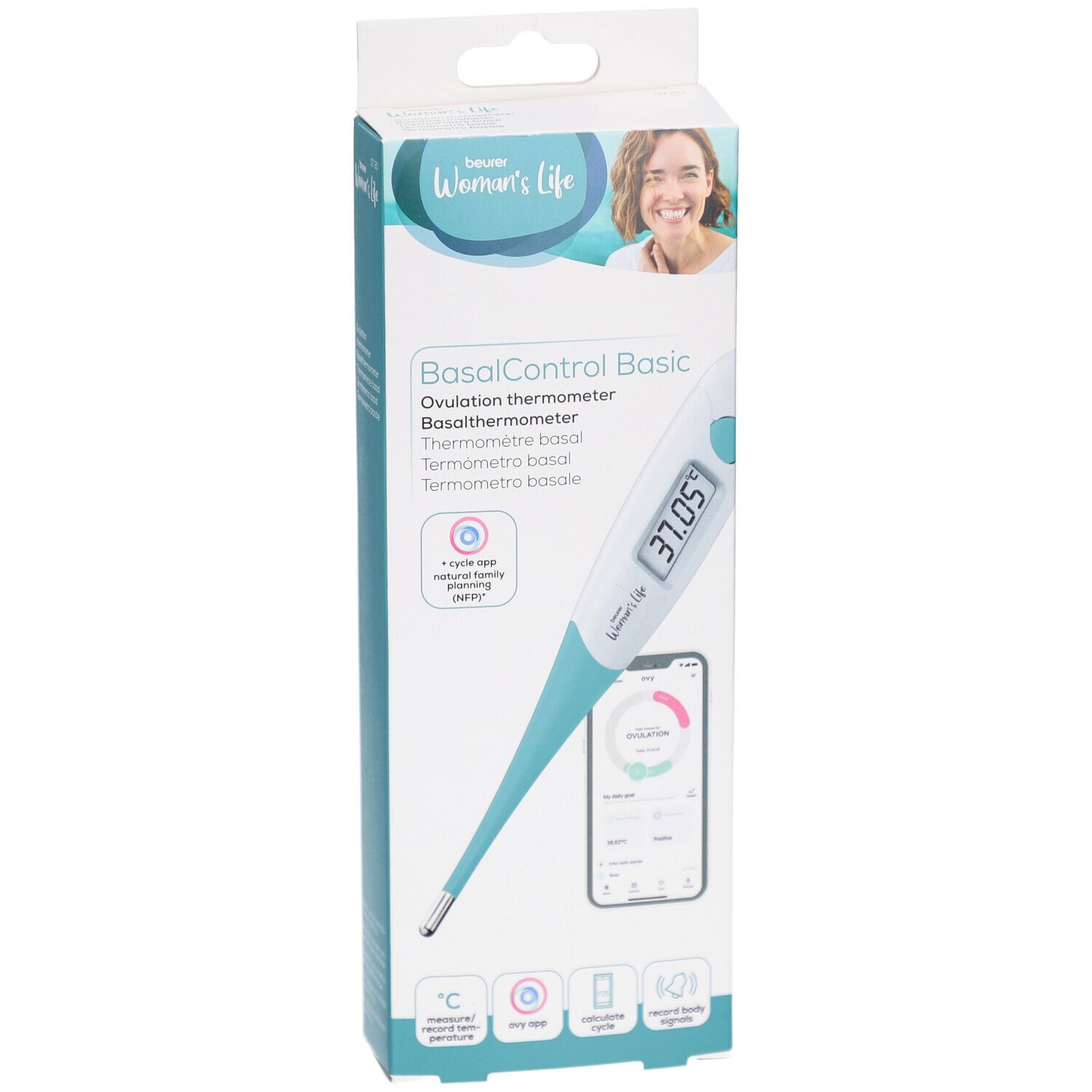 Verpackung mit Basalthermometer. Aufdruck: BasalControl Basic, Ovulation thermometer. Digitalanzeige: 37.05. Marke: Beurer Women's Life.