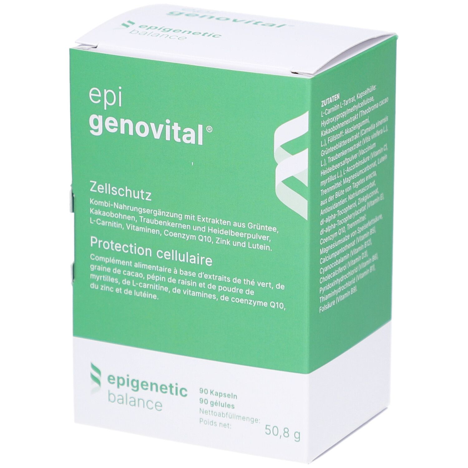 Boîte verte avec logo "epi genovital". Texte : Protection cellulaire, complément alimentaire. 90 gélules, 50,8 g.
