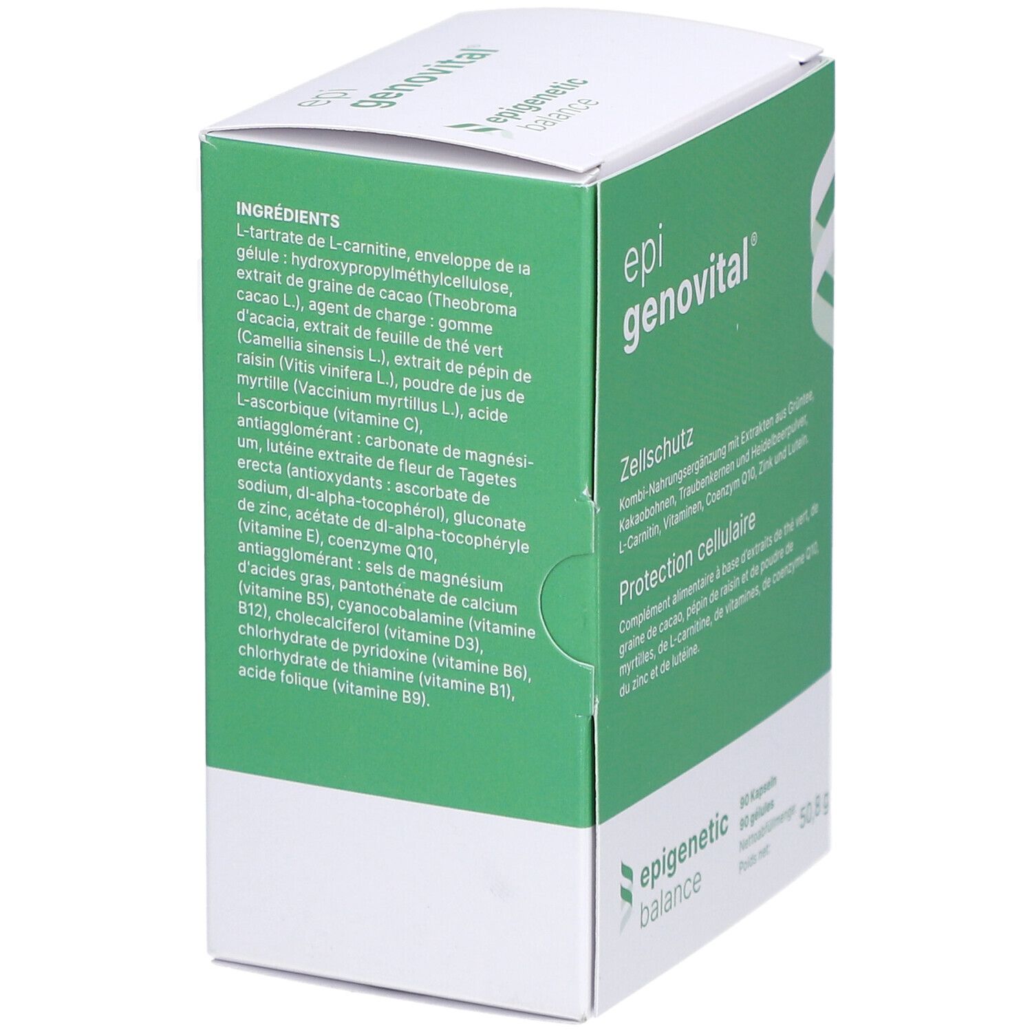 Boîte verte, liste des ingrédients. Contient L-Carnitine, hydroxypropylméthylcellulose, extrait de cacao, etc.