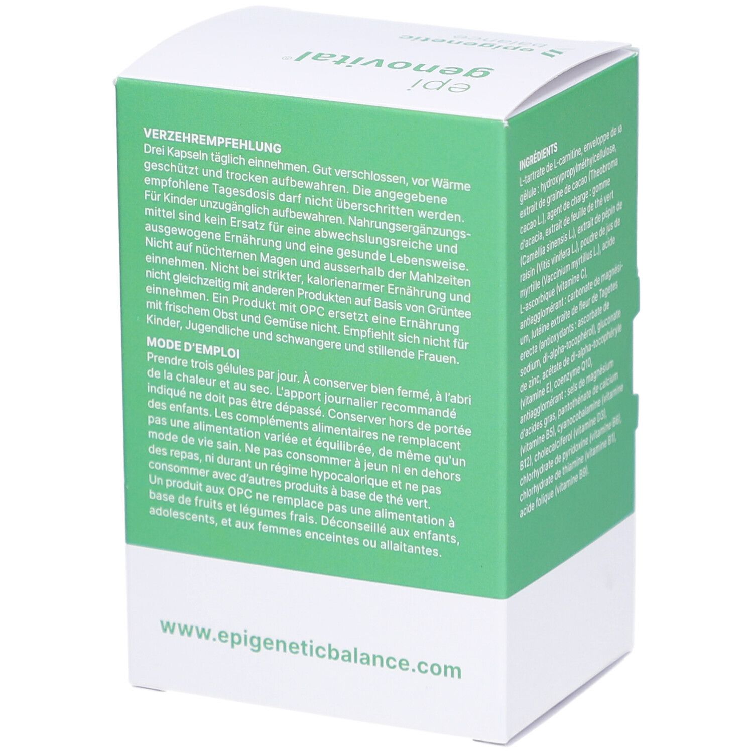 Boîte verte, recommandations d'utilisation et mode d'emploi. Texte en allemand et français.