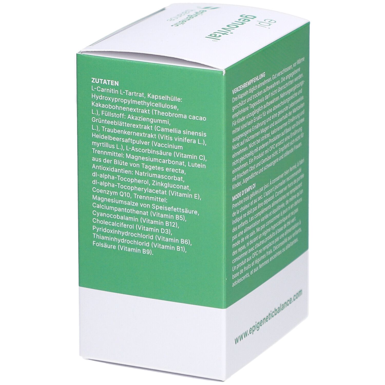 Boîte verte, liste des ingrédients. Contient L-Carnitine, enveloppe de la gélule, extrait de cacao, etc. Texte en allemand.
