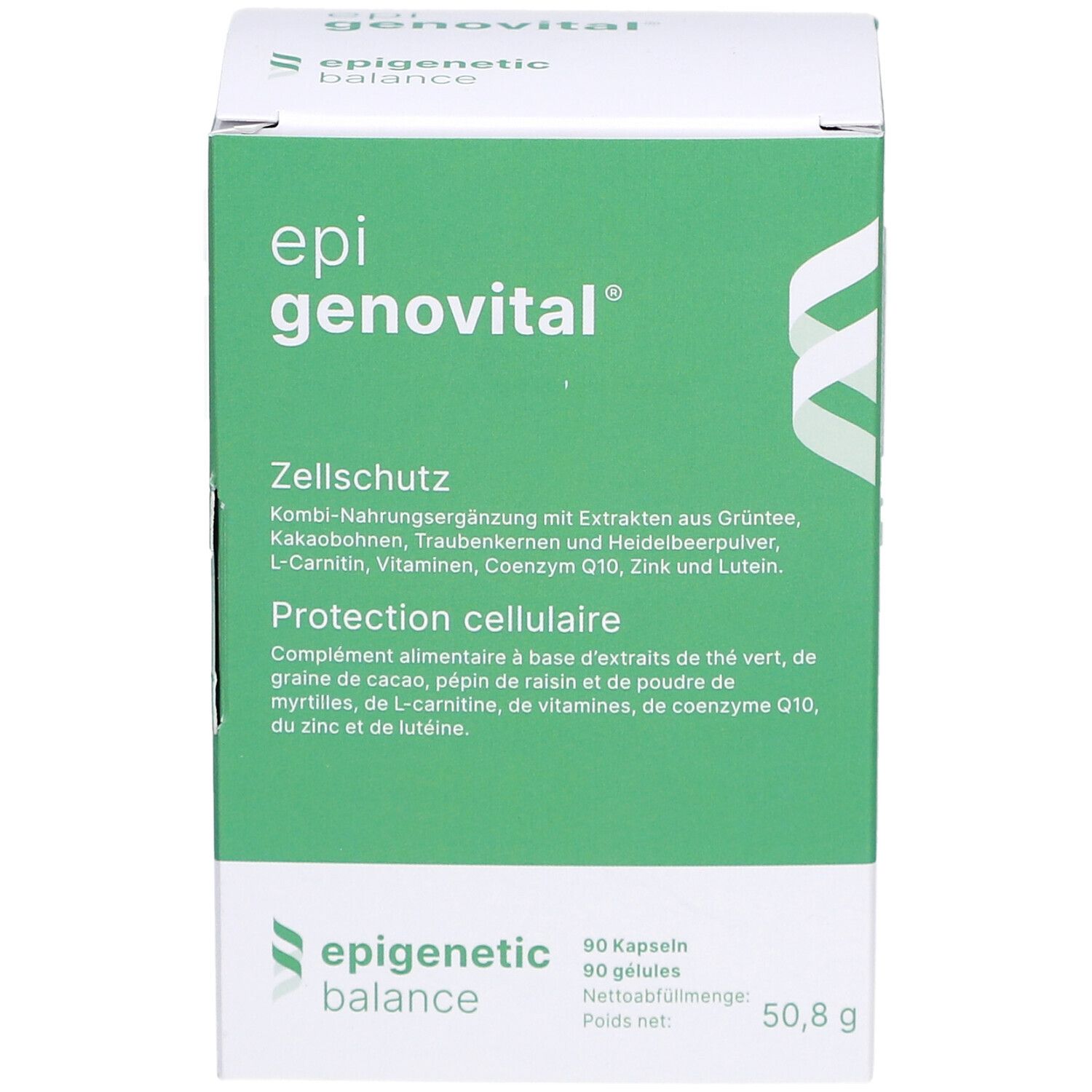 Boîte verte avec logo "epi genovital". Texte : Protection cellulaire, complément alimentaire. 90 gélules, 50,8 g.