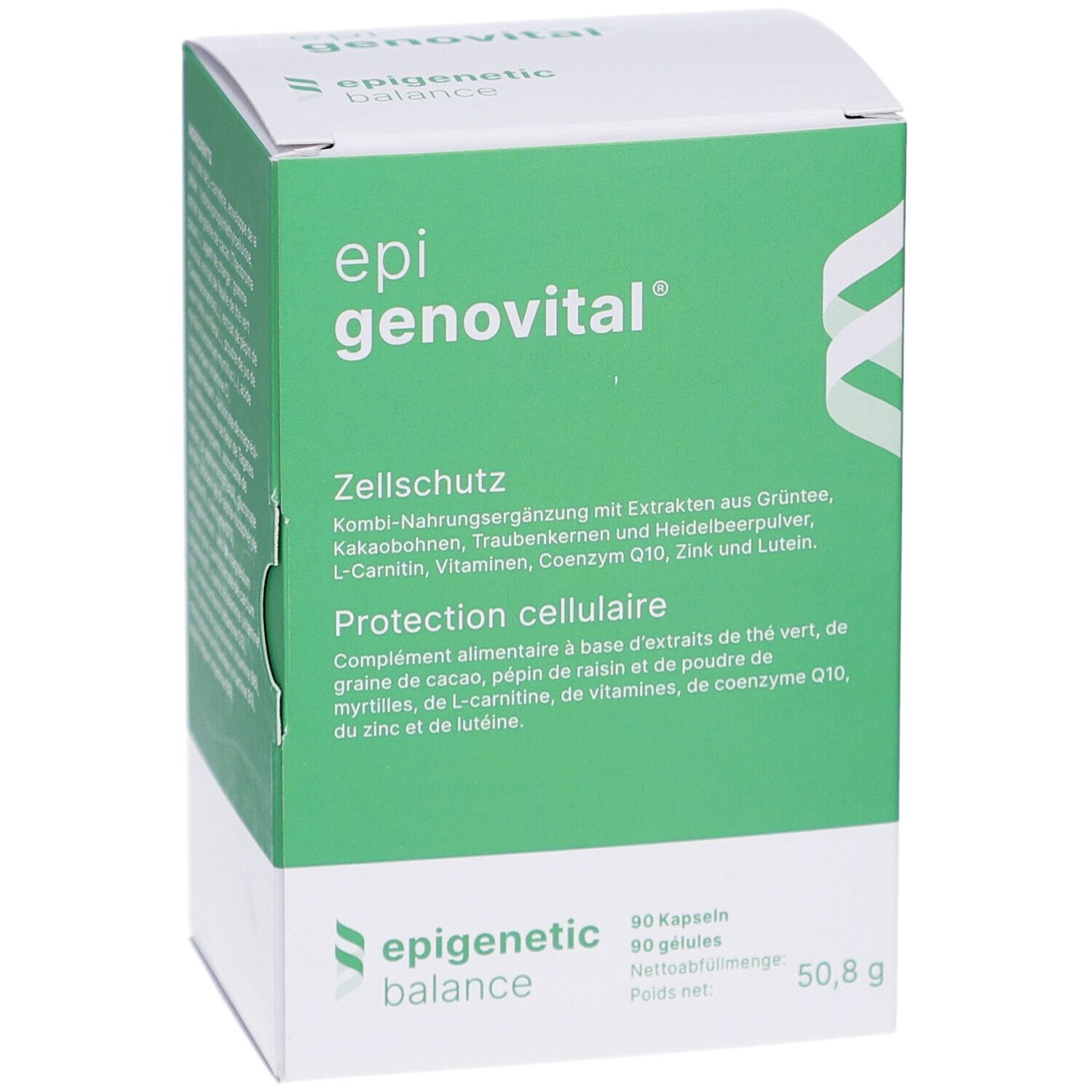 Boîte verte avec logo "epi genovital". Texte : Protection cellulaire, complément alimentaire. 90 gélules, 50,8 g.