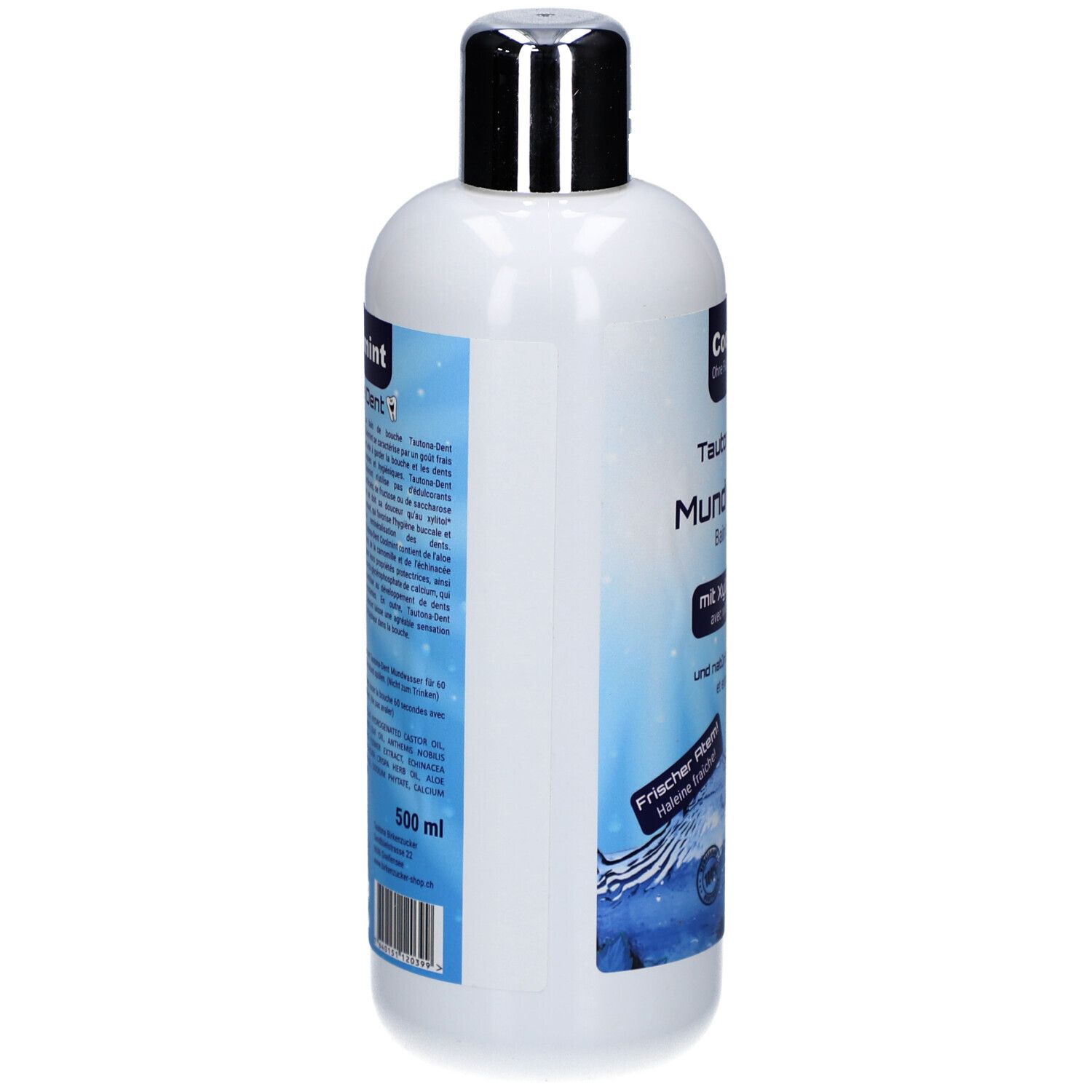 Weiße Flasche mit silbernem Verschluss. Auf der Seite Text und Barcode. 500 ml.