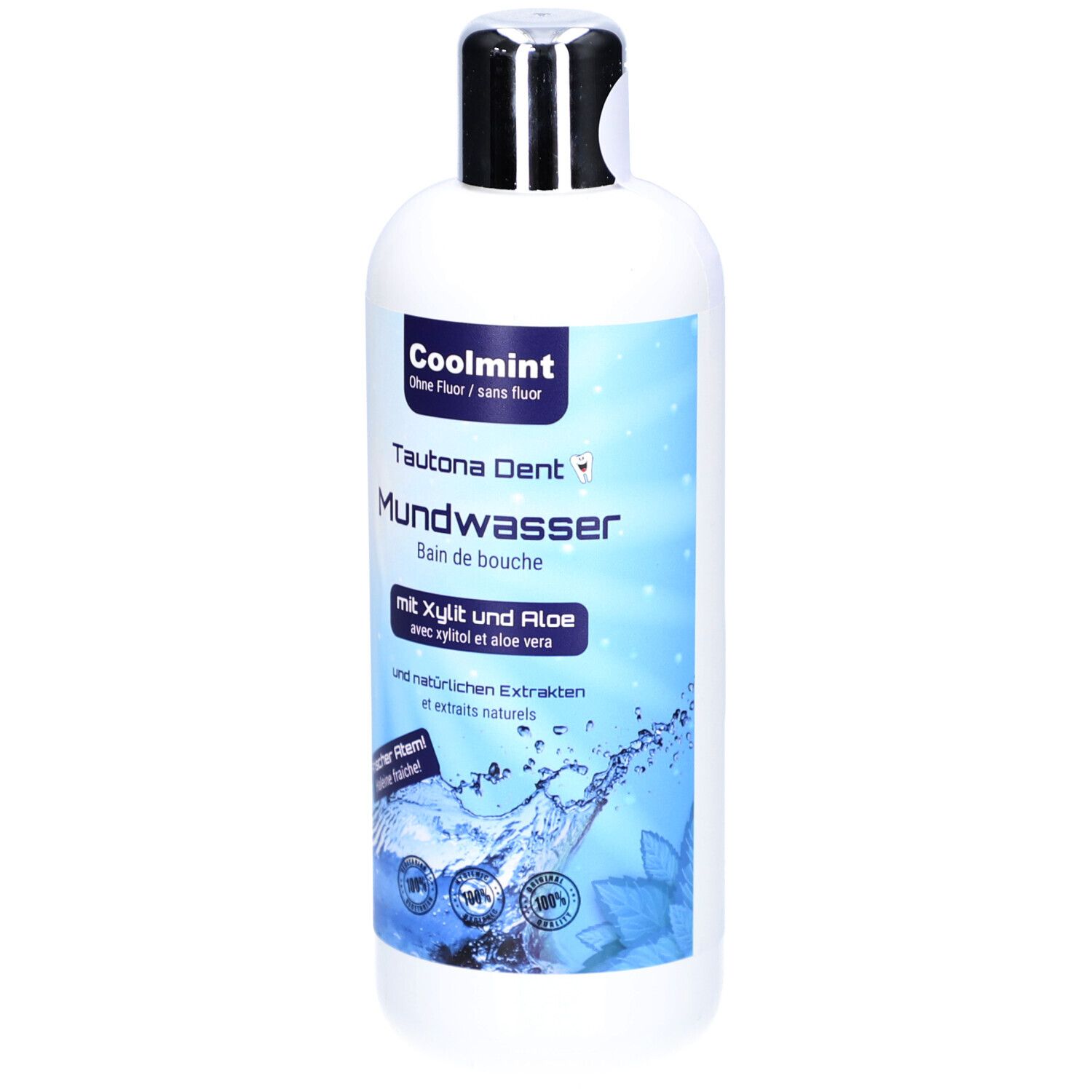 Weiße Flasche mit silbernem Verschluss. Aufschrift: Coolmint, Tautona Dent Mundwasser. Mit Xylit und Aloe.