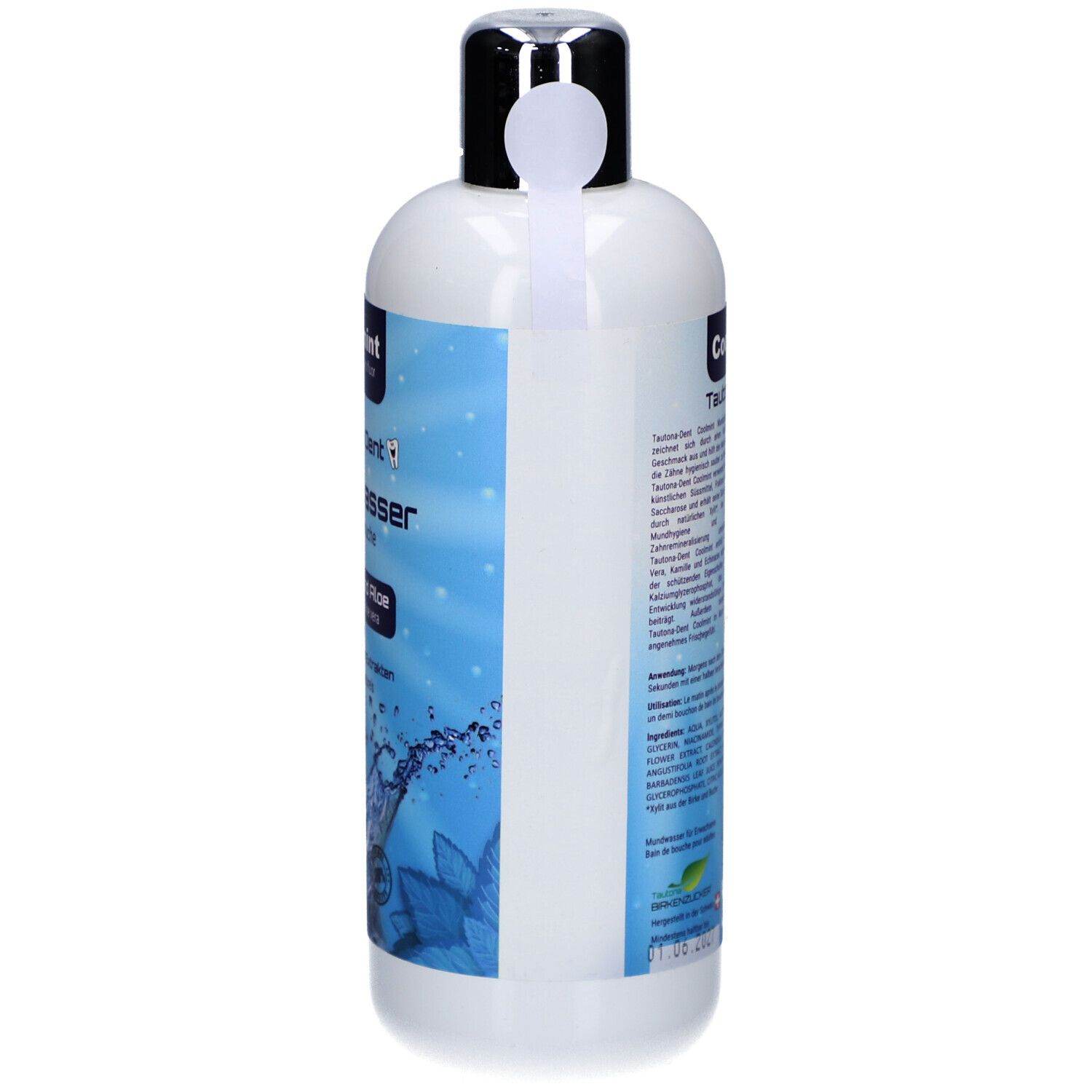 Weiße Flasche mit silbernem Verschluss. Auf der Seite Text und Barcode. 500 ml.