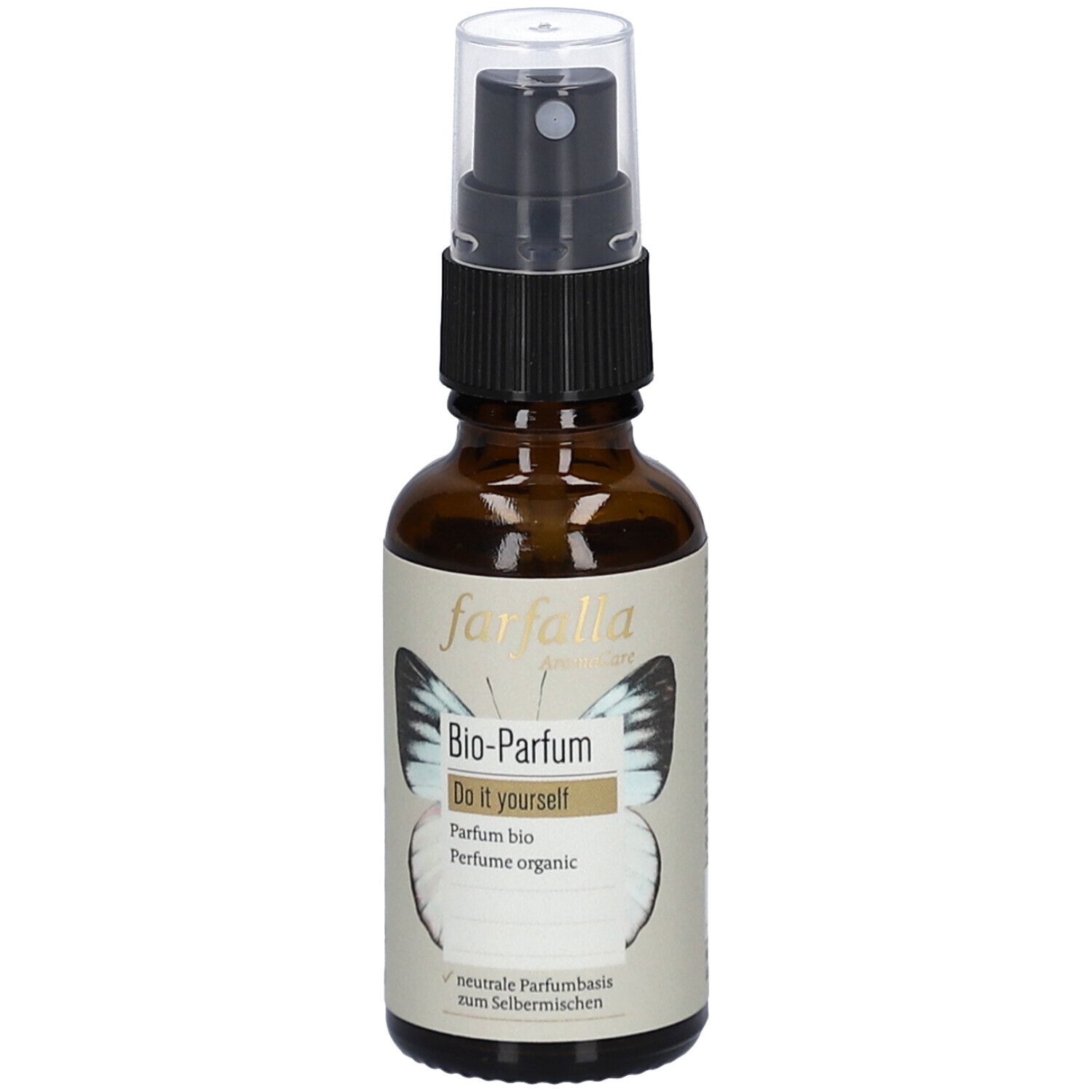 Braune Glasflasche mit Sprühkopf. Etikett mit Logo und Schriftzug Bio-Parfum. Schmetterlingsmotiv.