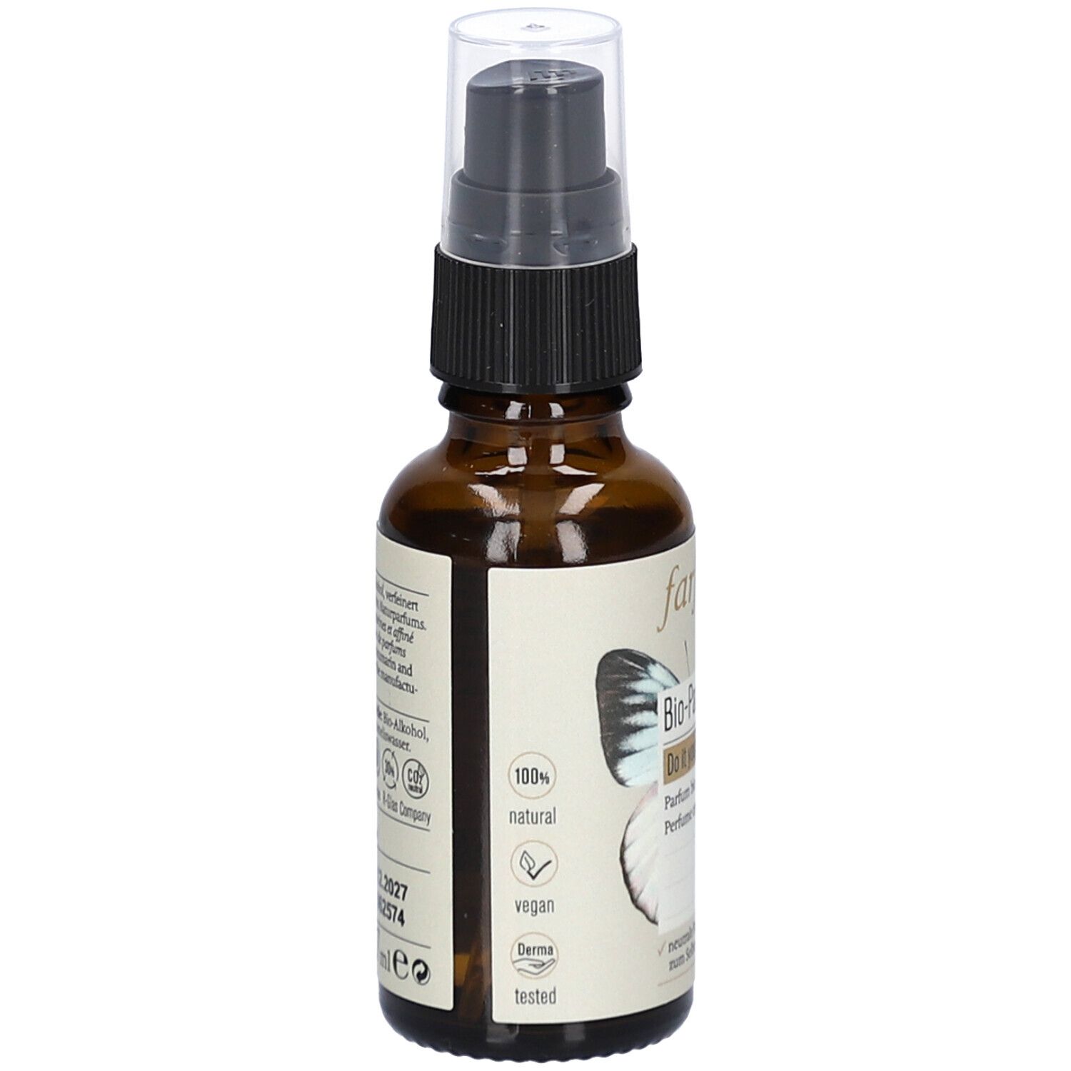 Braune Glasflasche mit Sprühkopf. Etikett mit Logo, Schriftzug und Angaben zu Inhaltsstoffen und Zertifizierungen.