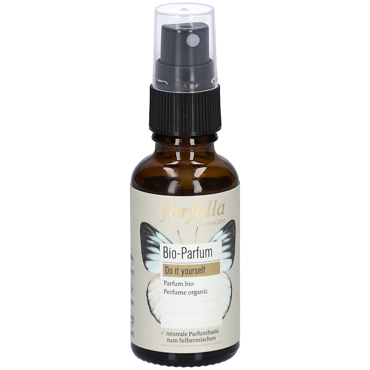 Braune Glasflasche mit Sprühkopf. Etikett mit Logo und Schriftzug Bio-Parfum. Schmetterlingsmotiv.