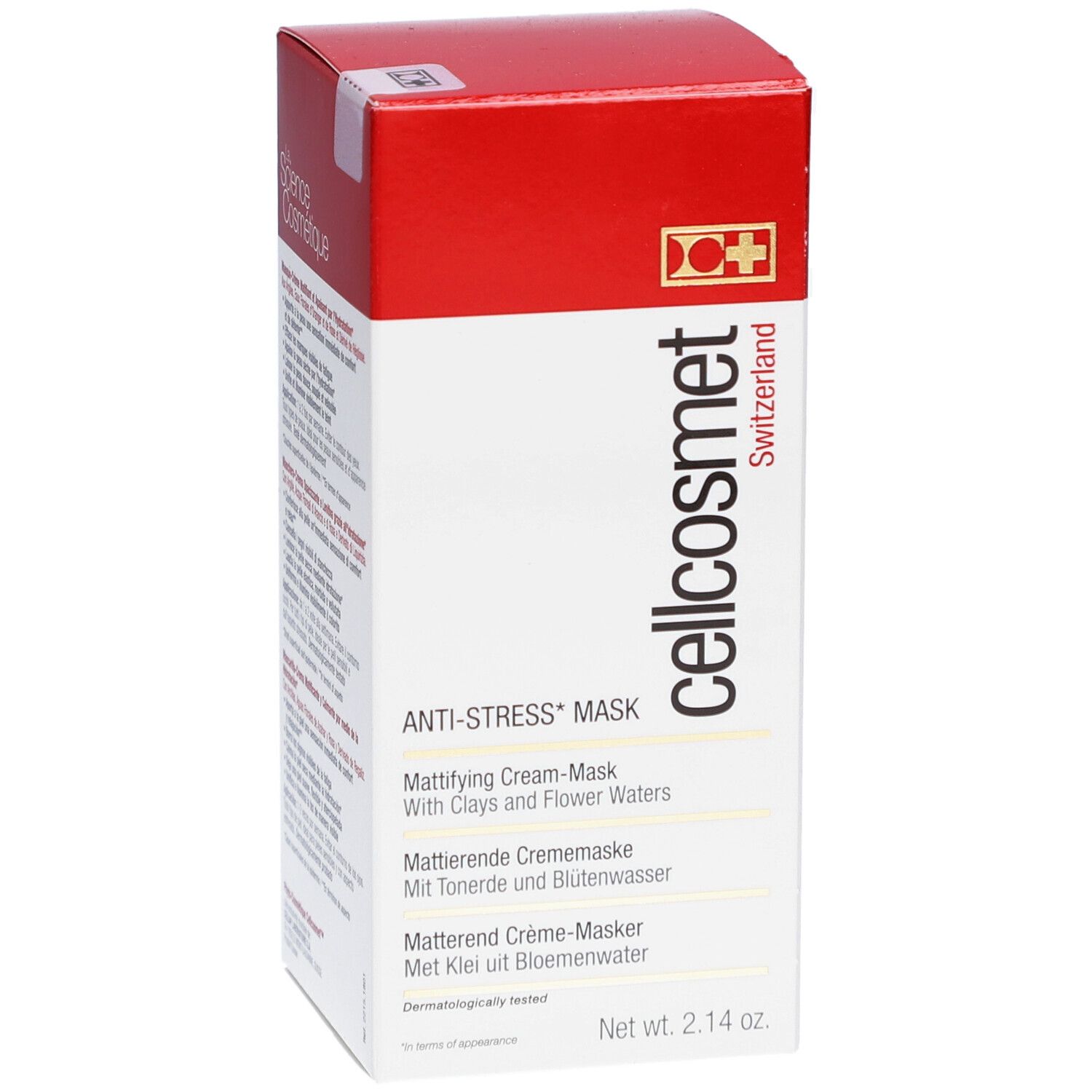 Cellcosmet Anti-Stress-Maske Verpackung. Rote und weiße Schachtel mit Produktinformationen und Logo. Nettoinhalt: 2.14 oz.