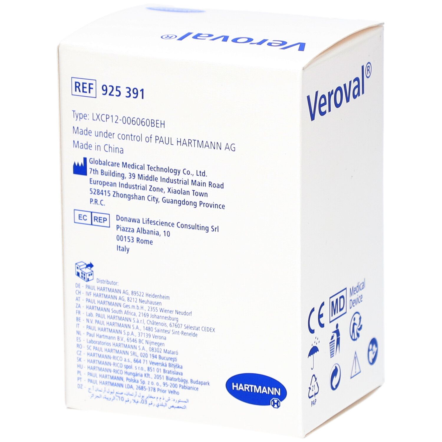 Veroval AC/DC Adapter-Verpackung. Rückseite mit Herstellerinformationen und CE-Kennzeichnung. Text in mehreren Sprachen.