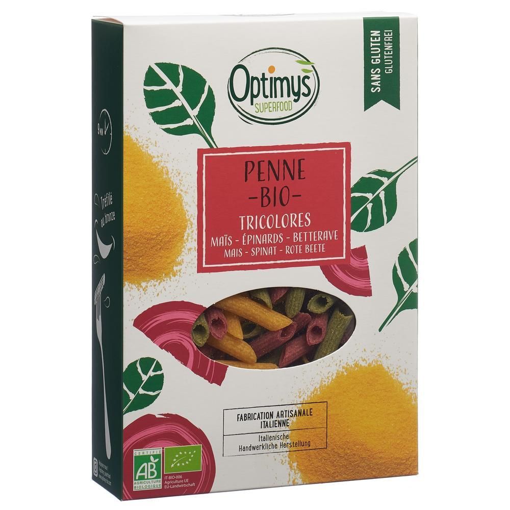 Verpackung mit OPTIMYS Dreifarbige Mais-Penne Bio. Sichtfenster mit Penne. Glutenfrei. AB-Bio-Siegel.