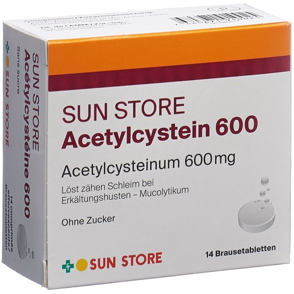 Schachtel mit SUN STORE Acetylcystein 600. Aufschrift: Acetylcysteinum 600mg, 14 Brausetabletten. Orange-weißes Design.