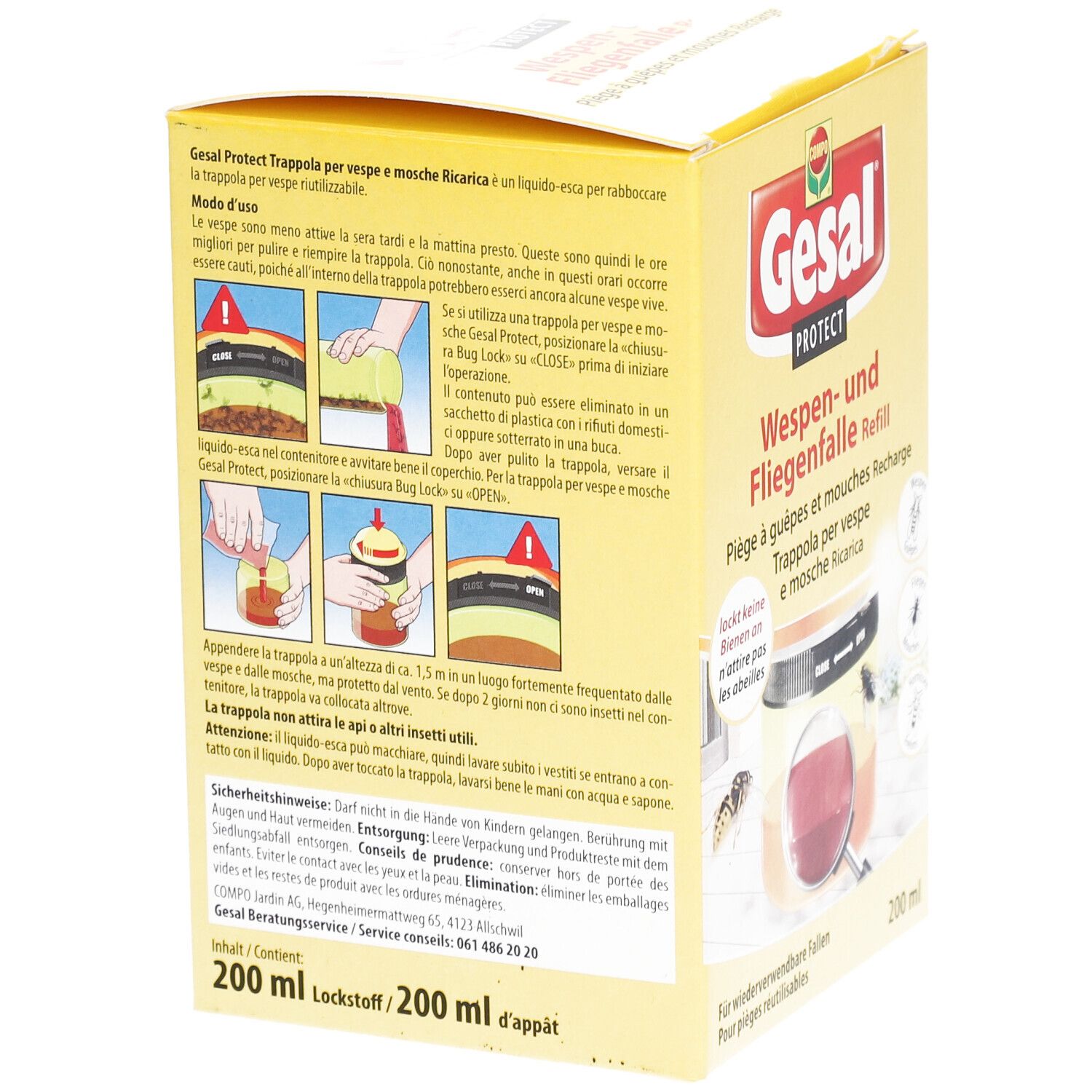 Emballage jaune, nom du produit et texte. Illustrations d'utilisation. Texte en allemand, français, italien. 200 ml.