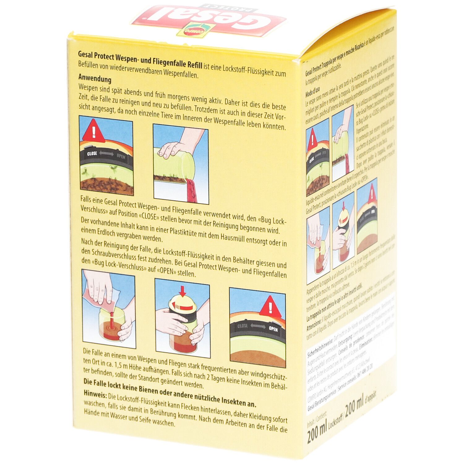 Emballage jaune, nom du produit et texte. Illustrations d'utilisation. Texte en allemand, français, italien. 200 ml.