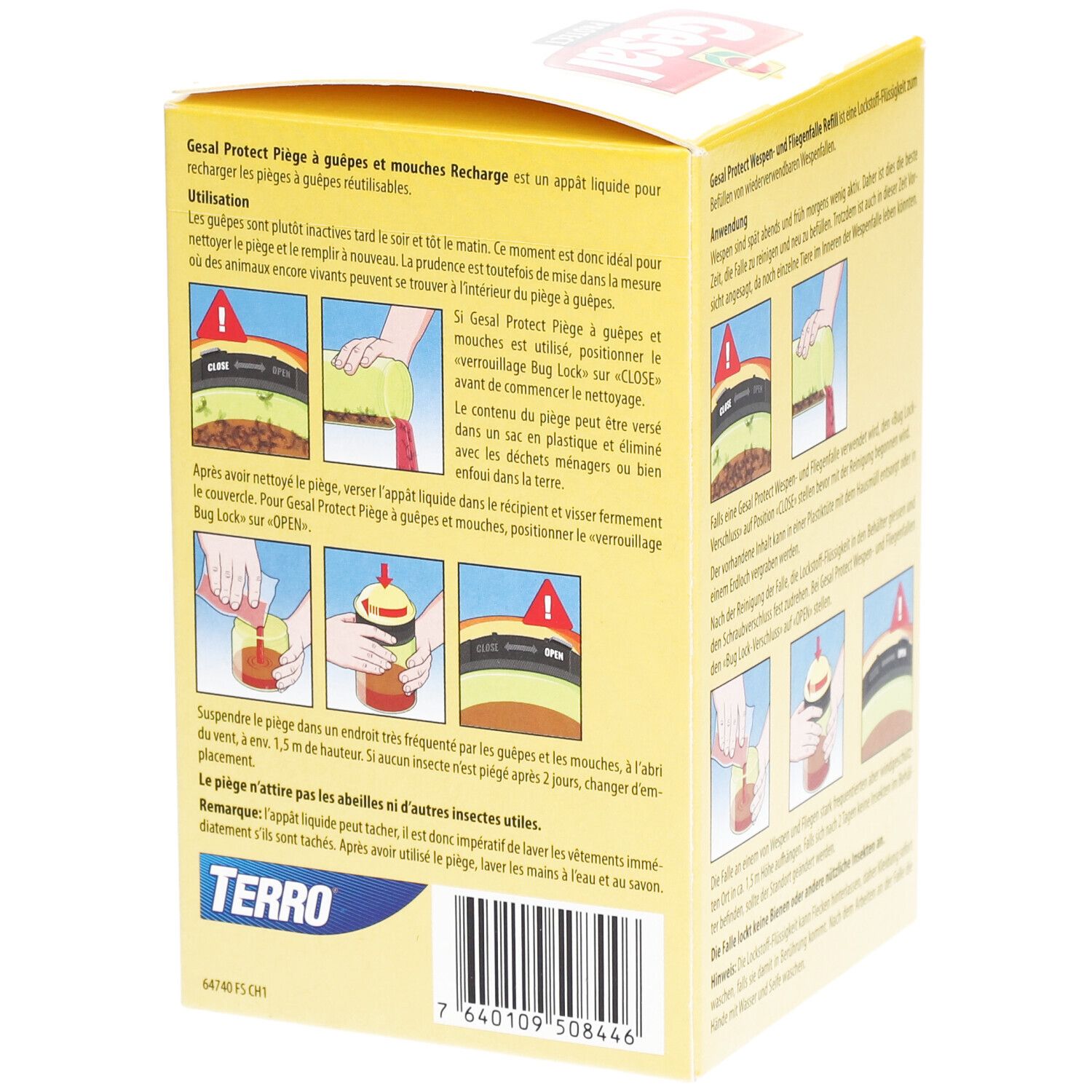 Emballage jaune, nom du produit et texte. Illustrations d'utilisation. Texte en allemand, français, italien. 200 ml.