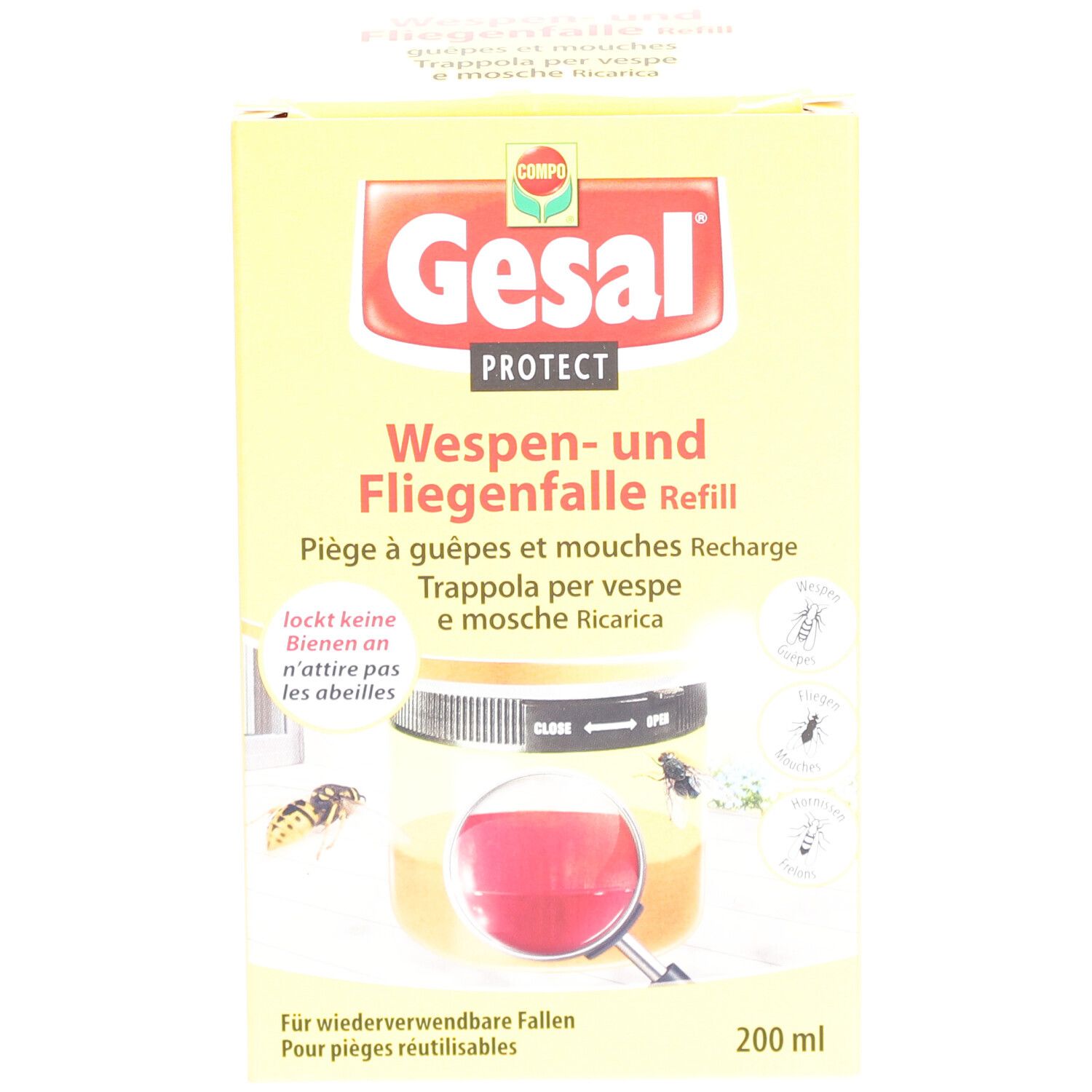 Emballage jaune avec nom du produit et image. Texte en allemand, français, italien. 200 ml.