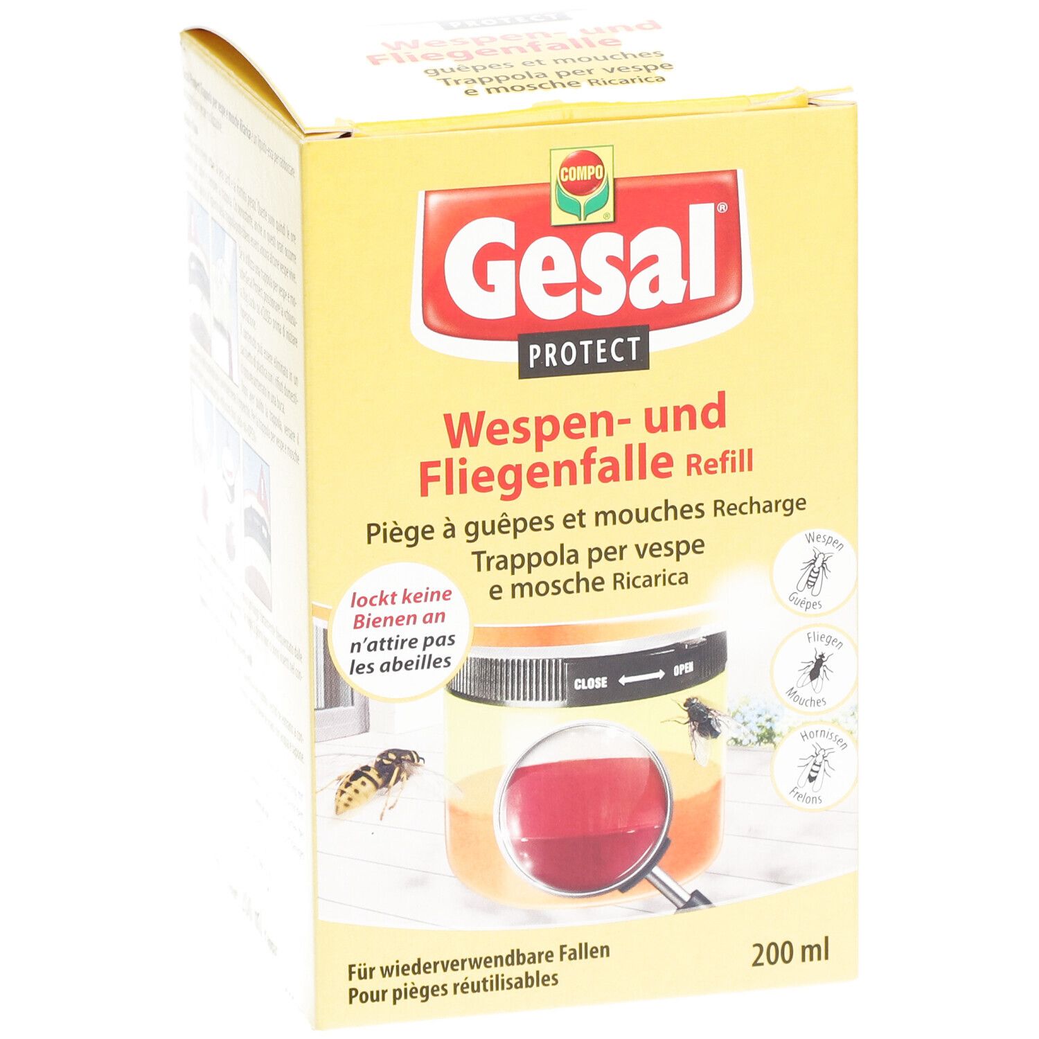 Emballage jaune avec nom du produit et image. Texte en allemand, français, italien. 200 ml.