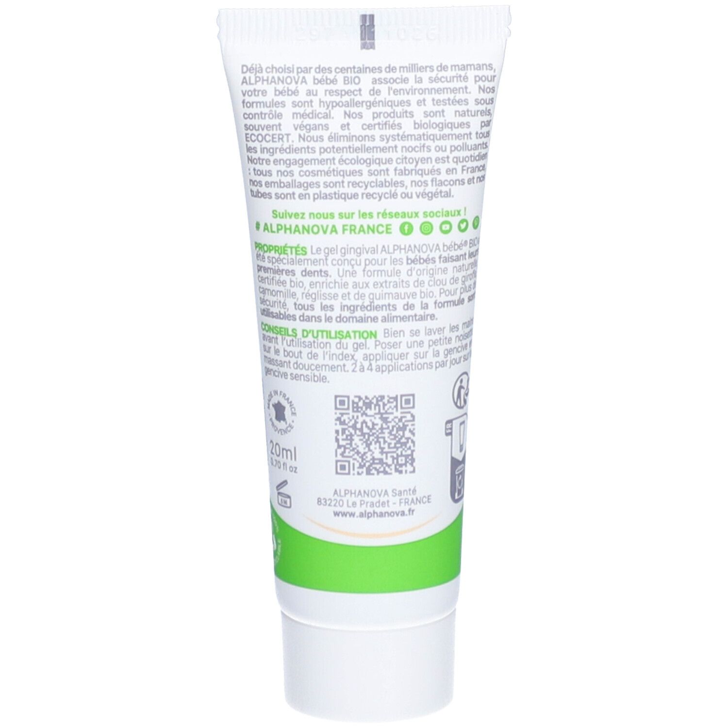 Rückseite der Tube. Enthält Informationen über das Produkt, Inhaltsstoffe und Anwendung. Mit QR-Code und Bio-Zertifizierung.