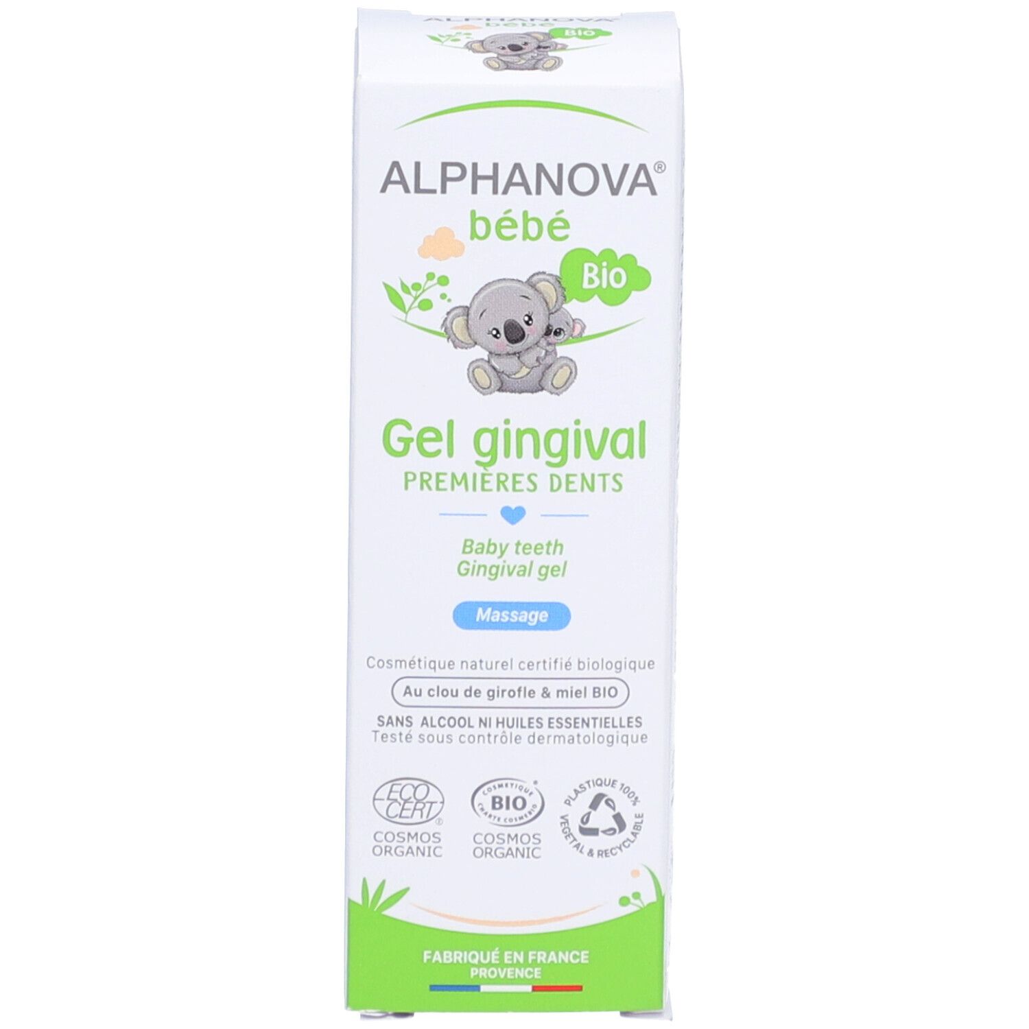 Produktverpackung. Weiß mit grünem Aufdruck. Enthält Gel gingival für Milchzähne. Marke: ALPHANOVA® bébé. Bio-Zertifizierung.
