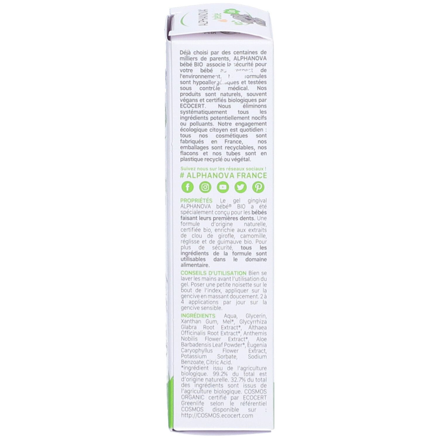 Rückseite der Produktverpackung. Enthält Informationen über das Produkt, Inhaltsstoffe und Anwendung. Mit Bio-Zertifizierung.