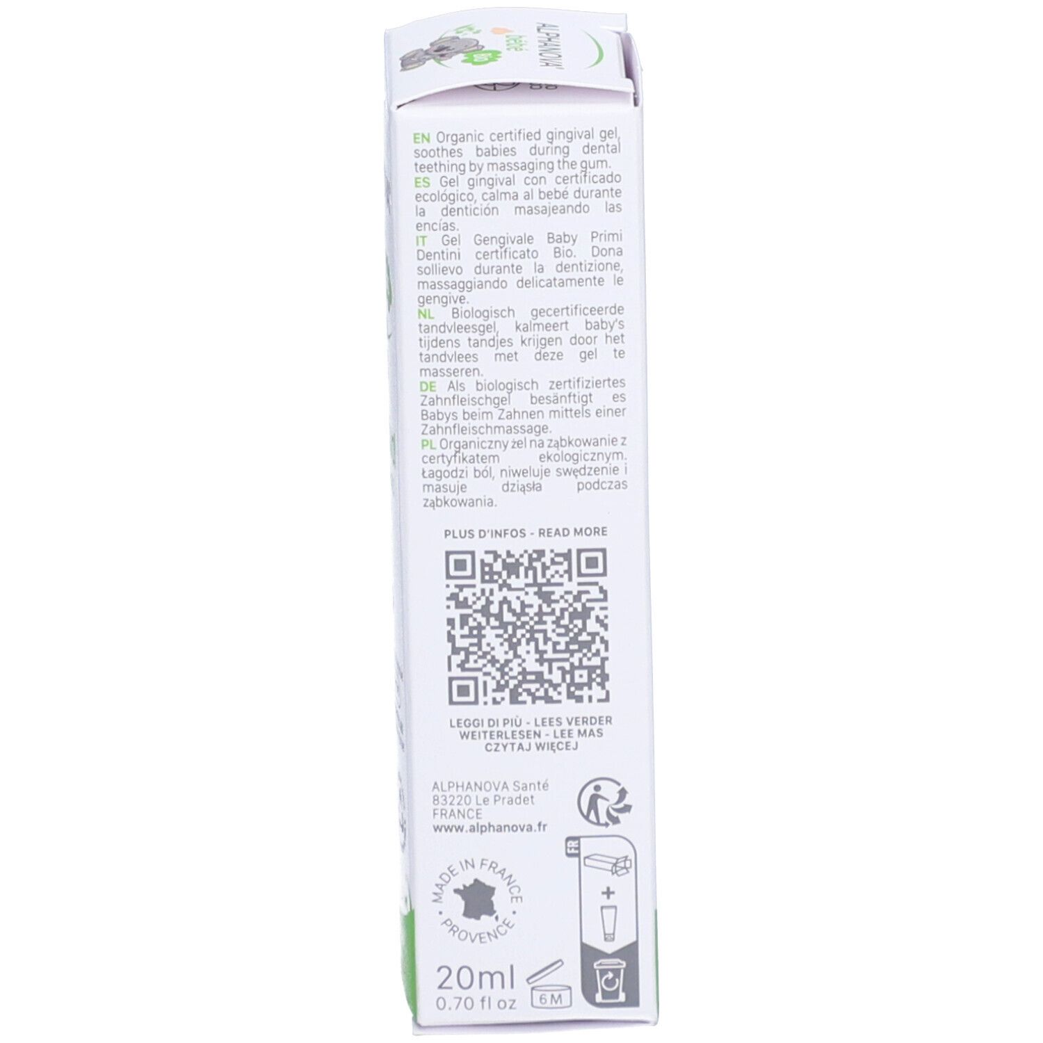 Seite der Produktverpackung. Enthält Informationen über das Produkt, Inhaltsstoffe und Anwendung. Mit QR-Code und Bio-Zertifizierung.