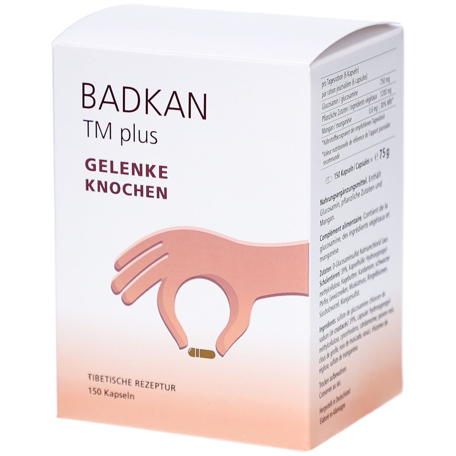 Weißer Karton mit BADKAN TM plus. Aufdruck: Gelenke, Knochen. Hand mit Kapsel-Illustration. 150 Kapseln.
