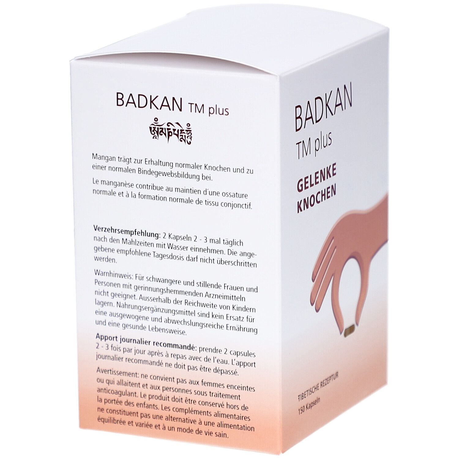 Weißer Karton BADKAN TM plus. Text: Gelenke, Knochen. Hand mit Kapsel-Illustration. Text und tibetisches Rezept. 150 Kapseln.