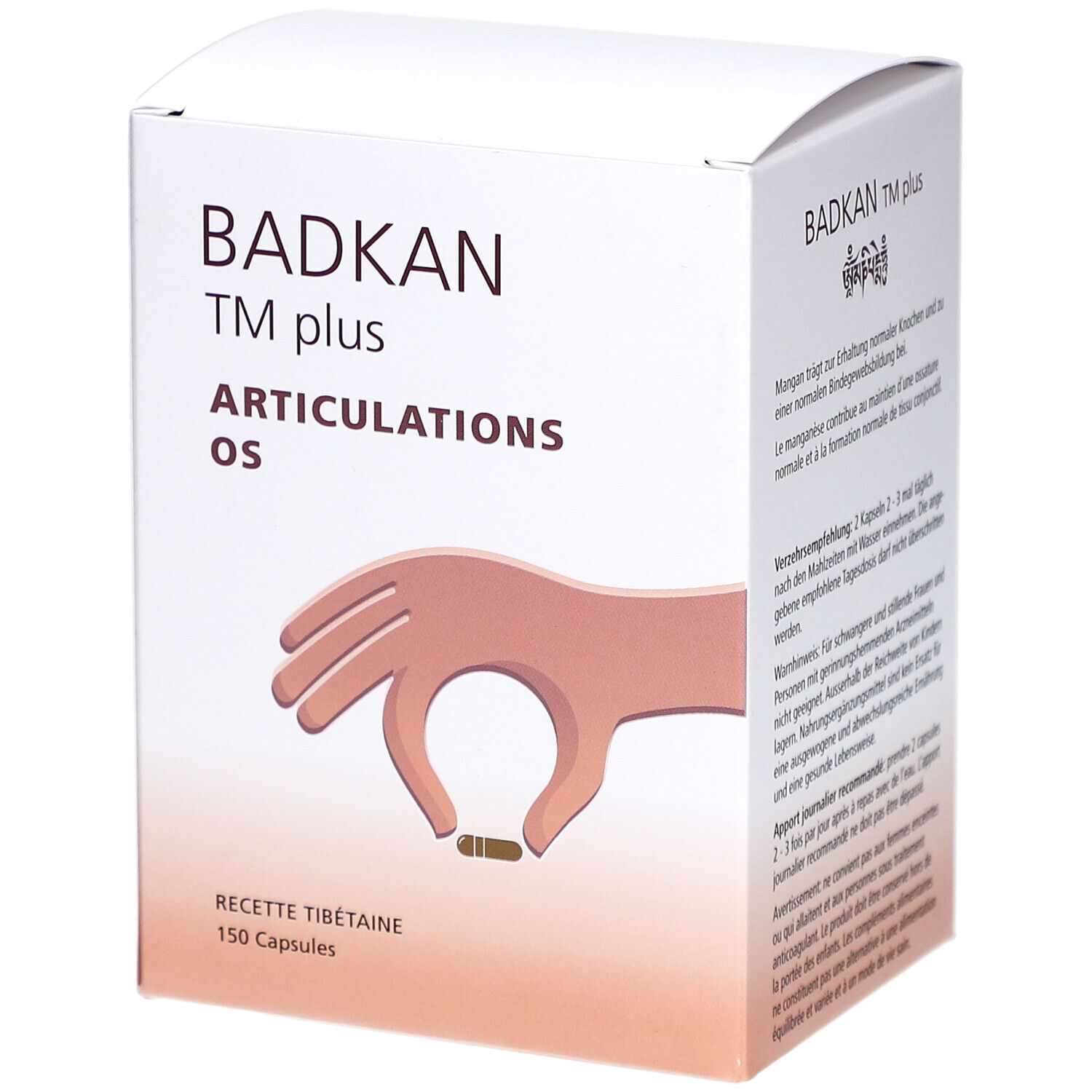 Weißer Karton BADKAN TM plus. Aufdruck: Articulations, os. Hand mit Kapsel-Illustration. 150 Kapseln. Rezept tibétaine.