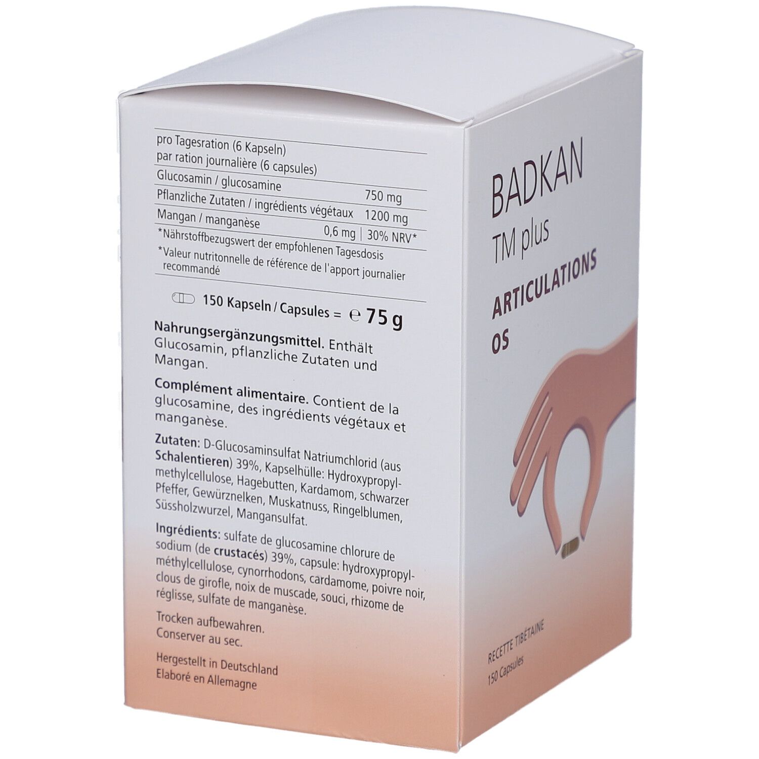 Weißer Karton BADKAN TM plus. Aufdruck: Articulations, os. Hand mit Kapsel-Illustration. 150 Kapseln. Inhaltsstoffe.