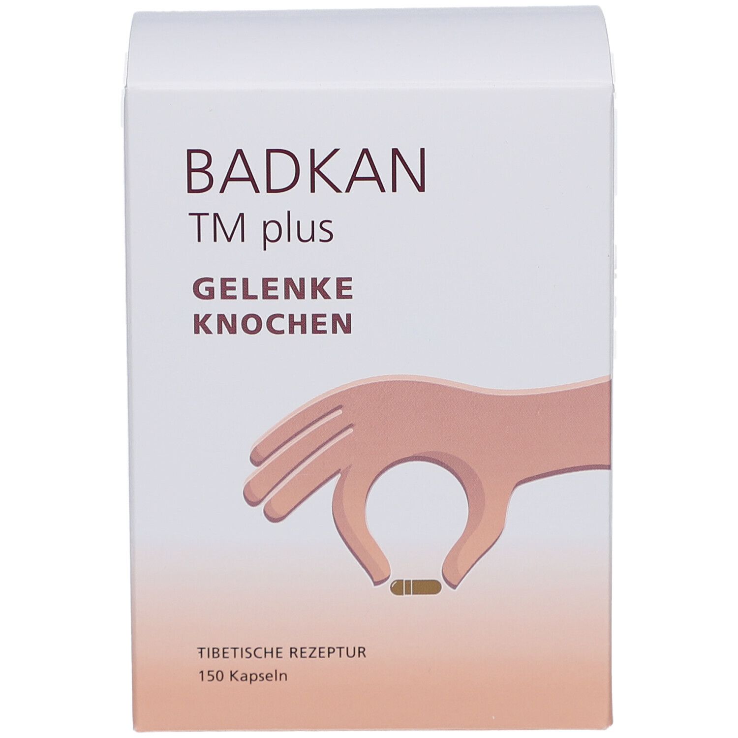 Weißer Karton BADKAN TM plus. Aufdruck: Gelenke, Knochen. Hand mit Kapsel-Illustration. 150 Kapseln. Tibetisches Rezept.