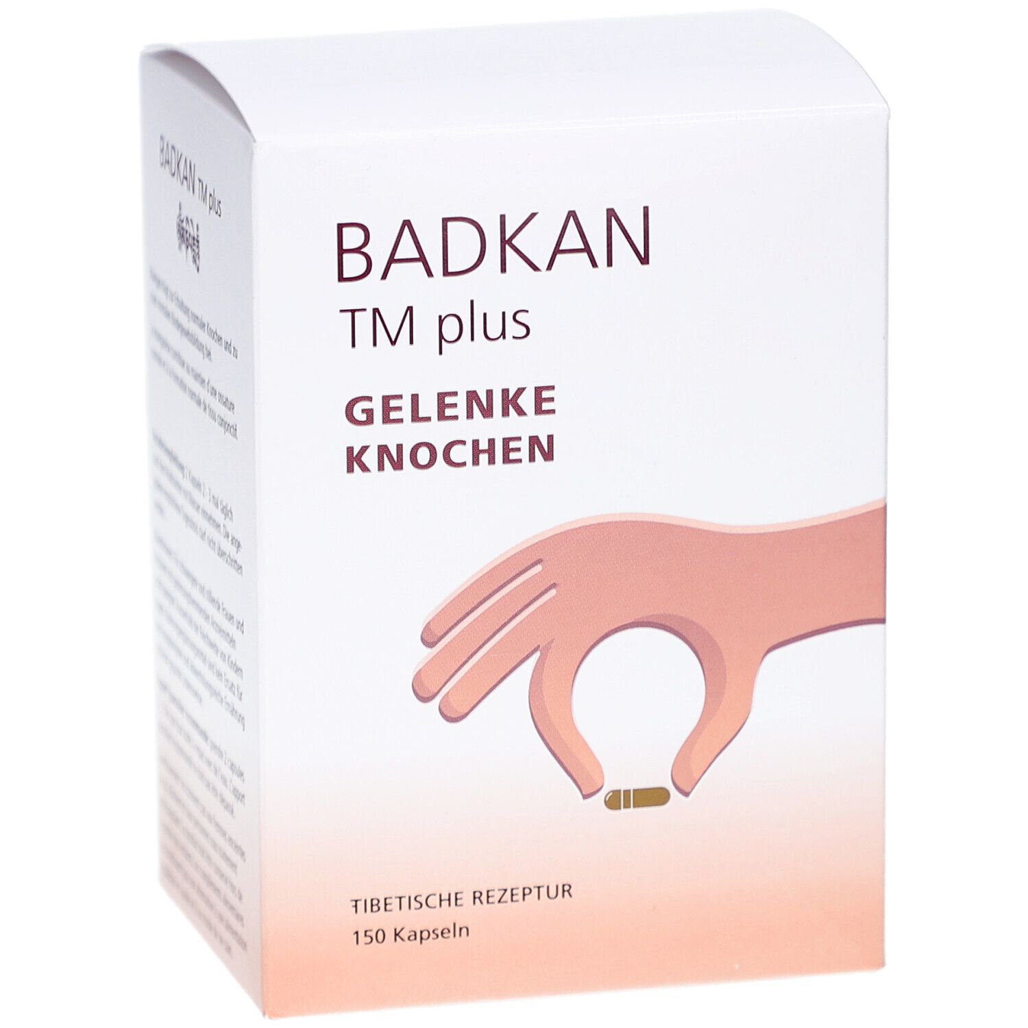 Weißer Karton BADKAN TM plus. Aufdruck: Gelenke, Knochen. Hand mit Kapsel-Illustration. 150 Kapseln. Tibetisches Rezept.
