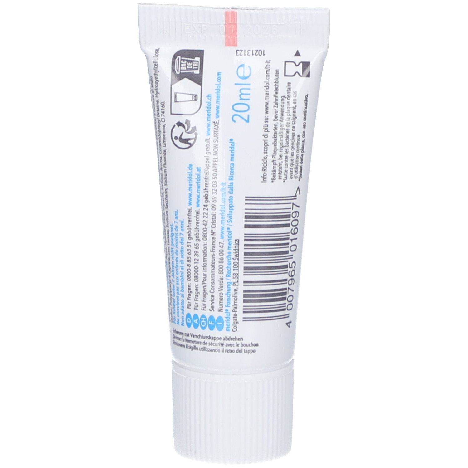 Dos du tube de dentifrice. Contient du texte et un code-barres. '20ml' en haut.