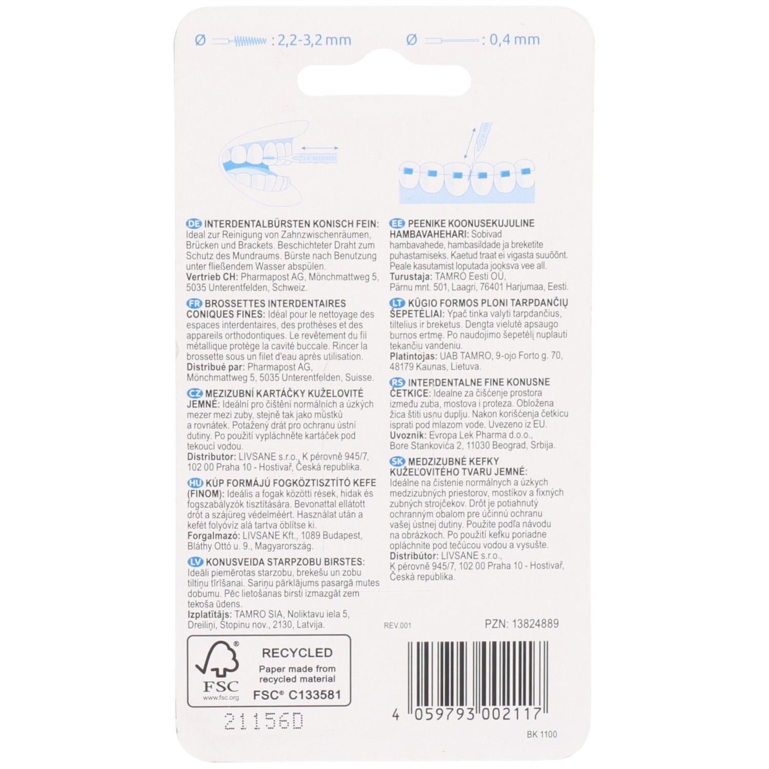Rückseite der Verpackung. Text in mehreren Sprachen. FSC-Siegel und Recycling-Symbol. Durchmesserangaben.