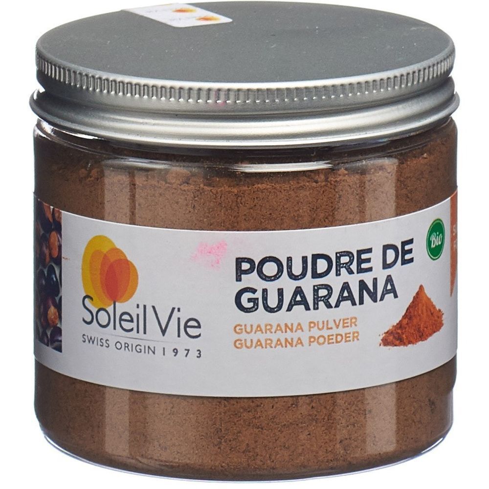Poudre brune dans un pot en verre avec couvercle argenté. Inscription: Poudre de guarana, Guarana Pulver, Bio.