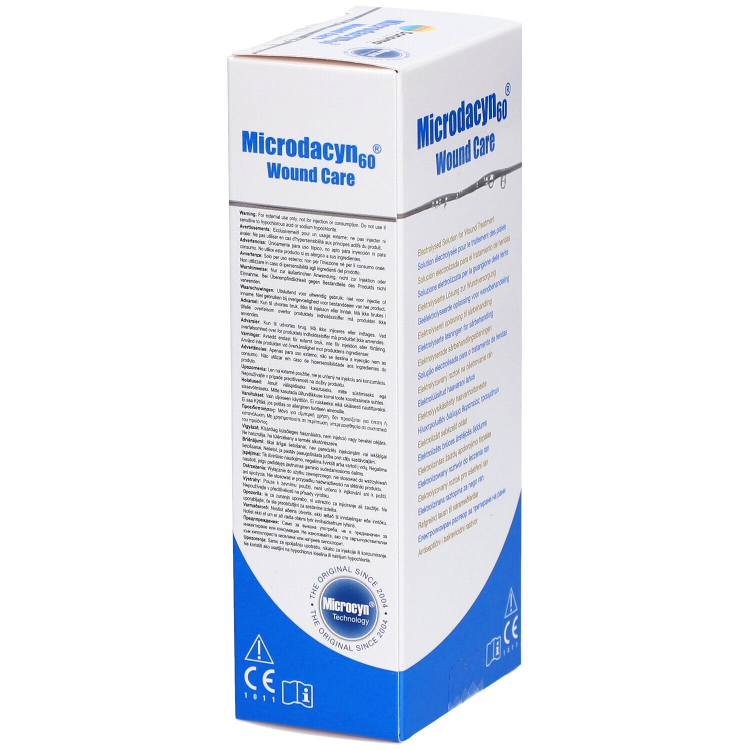 Emballage blanc avec texte. Inscription: Microdacyn60 Wound Care. Contient des informations en plusieurs langues et le logo.