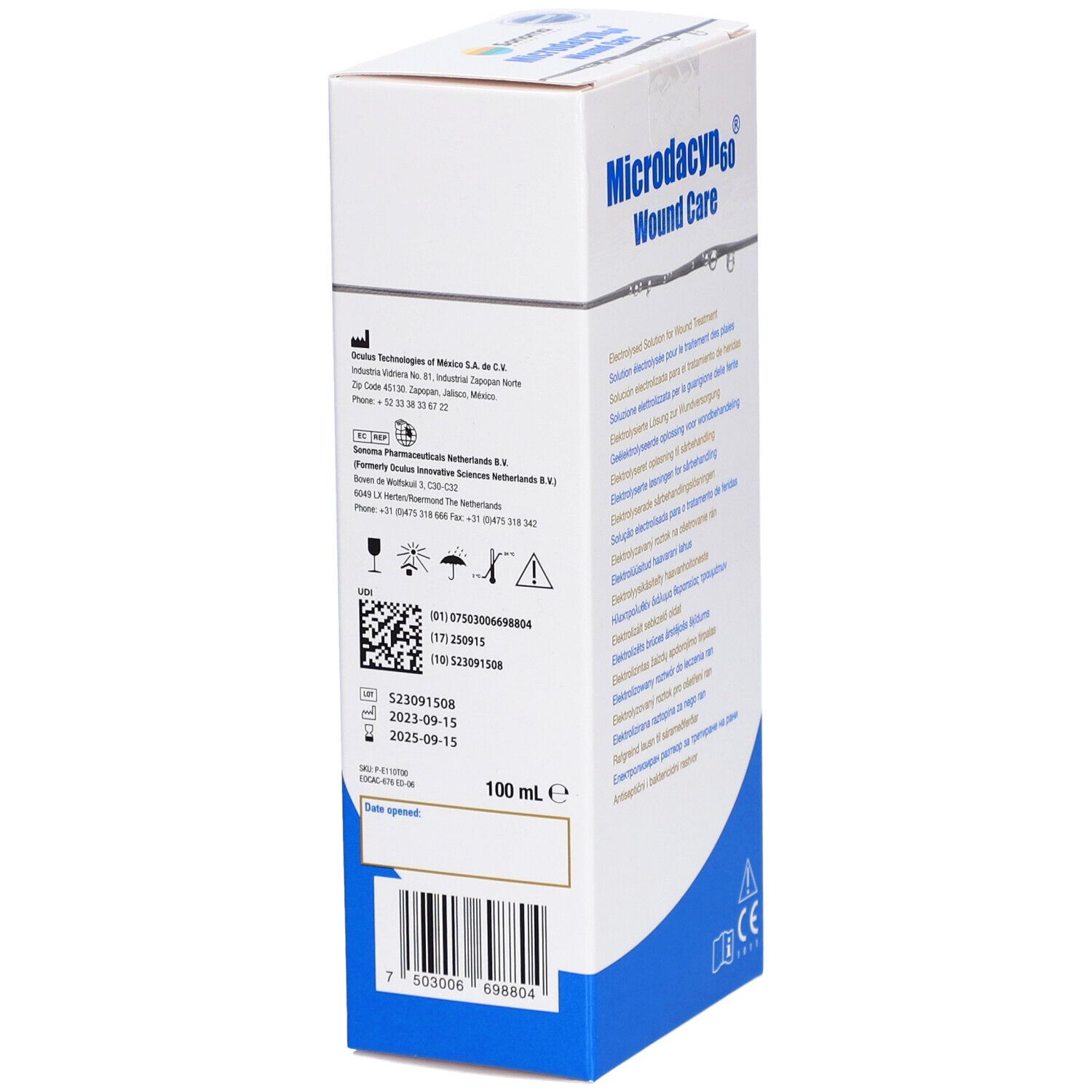 Emballage blanc avec texte et code-barres. Inscription: Microdacyn60 Wound Care. Contient des informations et un volume de 100 ml.
