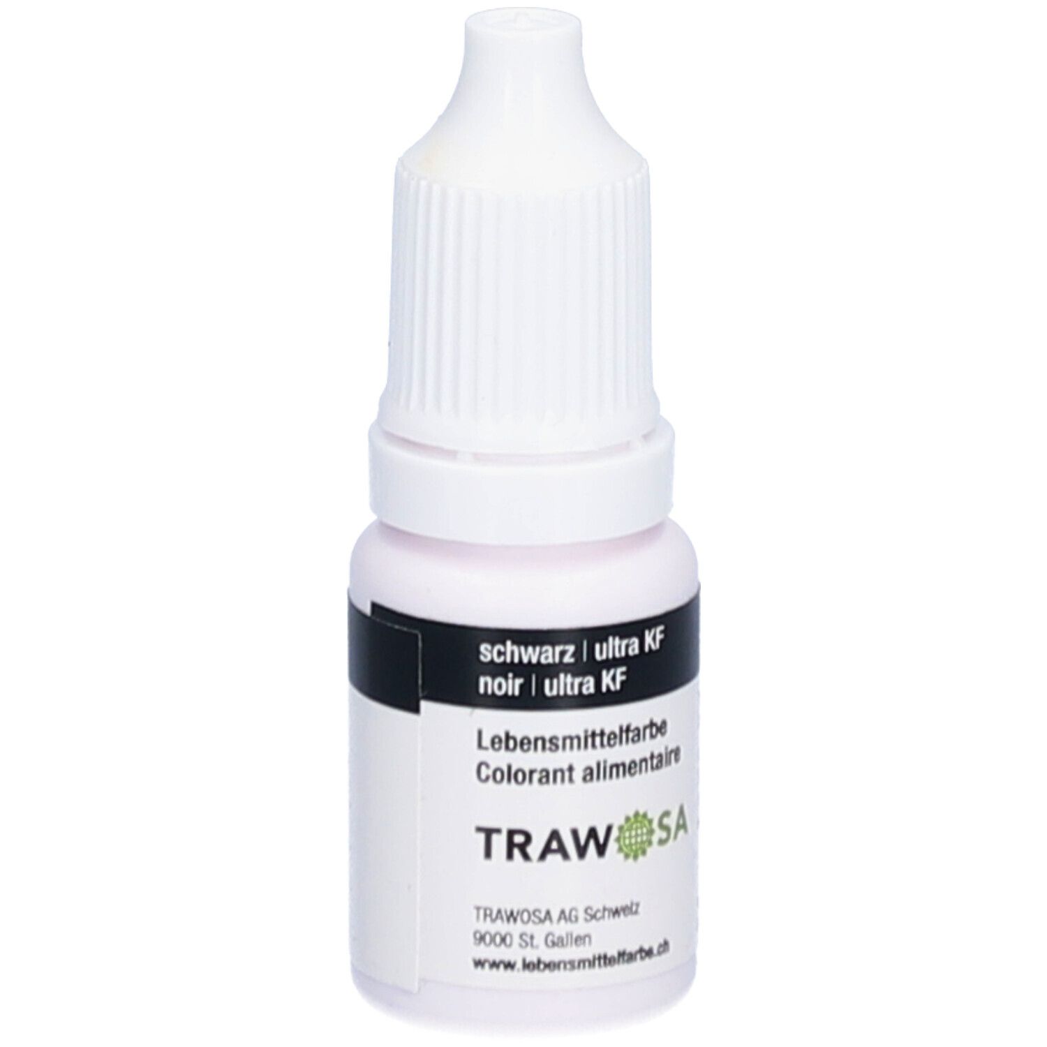 Petite bouteille avec bouchon blanc. Inscription: noir | ultra KF, colorant alimentaire, TRAWOSA. Flacon compte-gouttes.