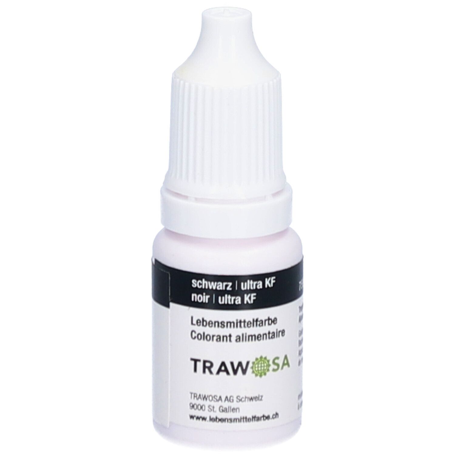 Petite bouteille avec bouchon blanc. Inscription: noir | ultra KF, colorant alimentaire, TRAWOSA. Flacon compte-gouttes. Étiquette avec numéro.