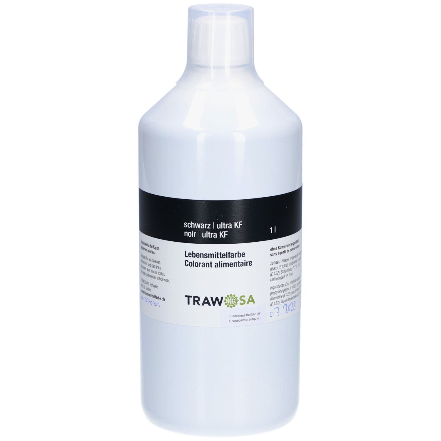 Flacon blanc avec bande noire. Inscription: TRAWOSA, colorant alimentaire, noir ultra KF. 1l.