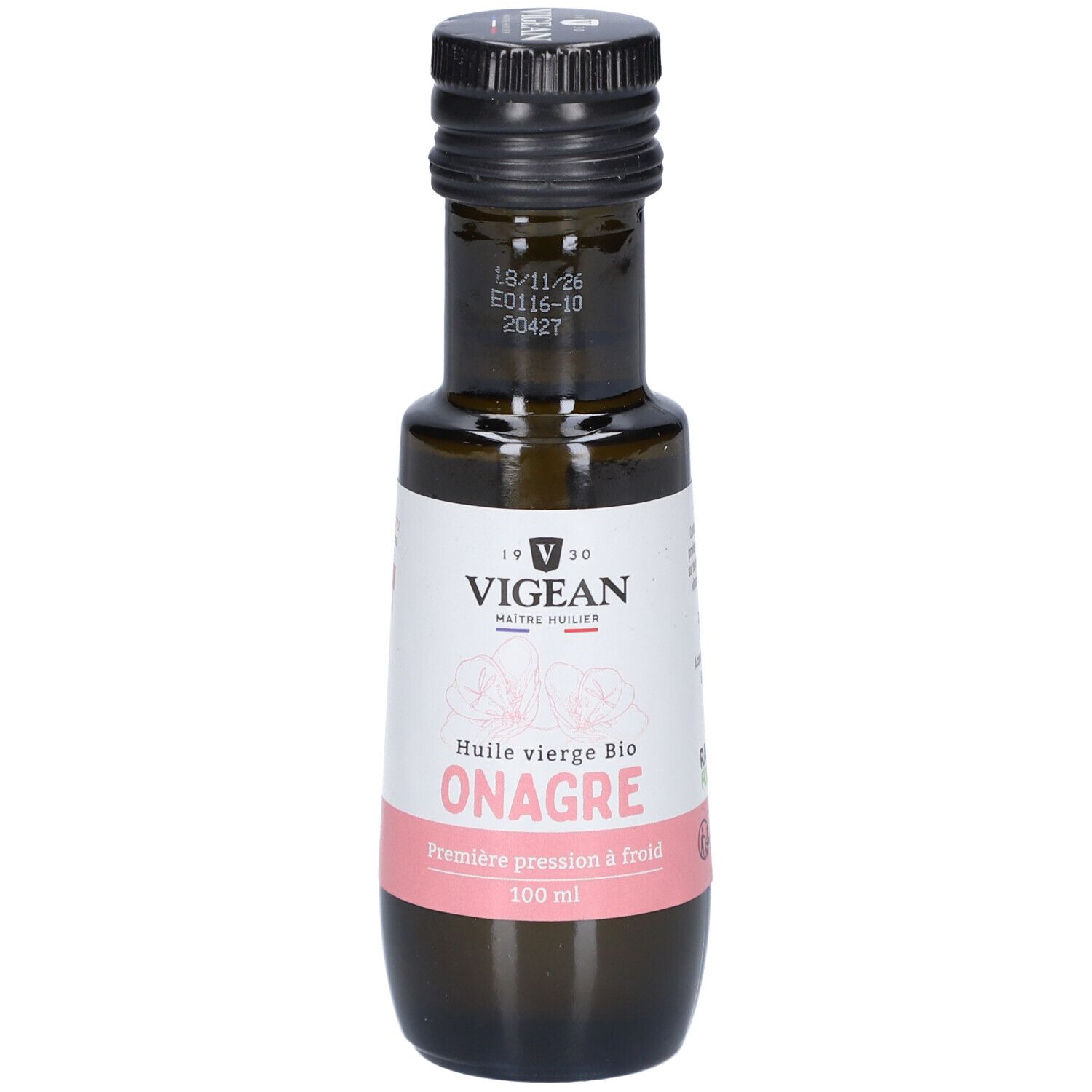 Braune Glasflasche mit schwarzem Deckel. Etikett mit Text: VIGEAN, Huile vierge BIO ONAGRE, Première pression à froid.