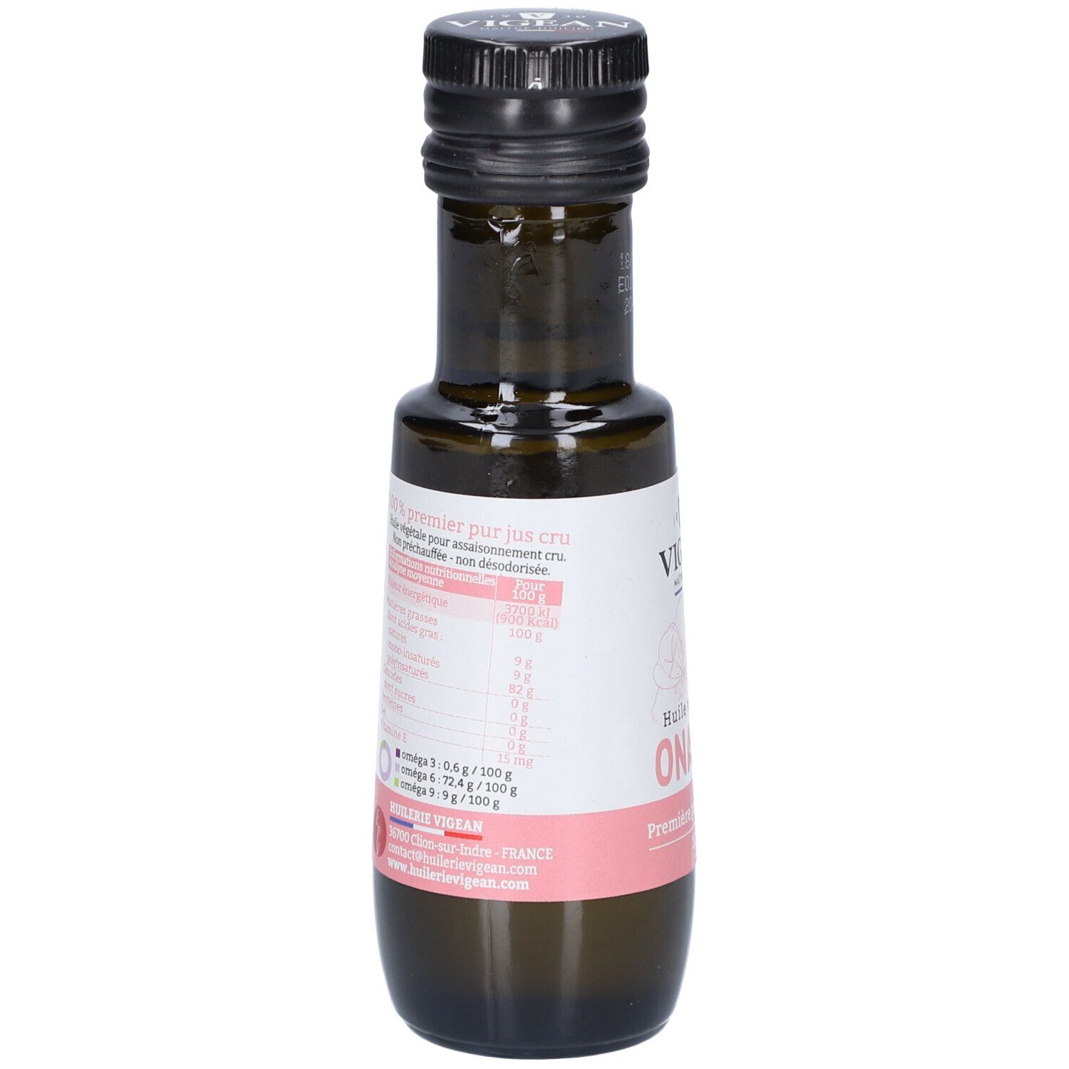 Braune Glasflasche mit schwarzem Deckel. Rückseite mit Text und Nährwertangaben. VIGEAN-Logo und Text.