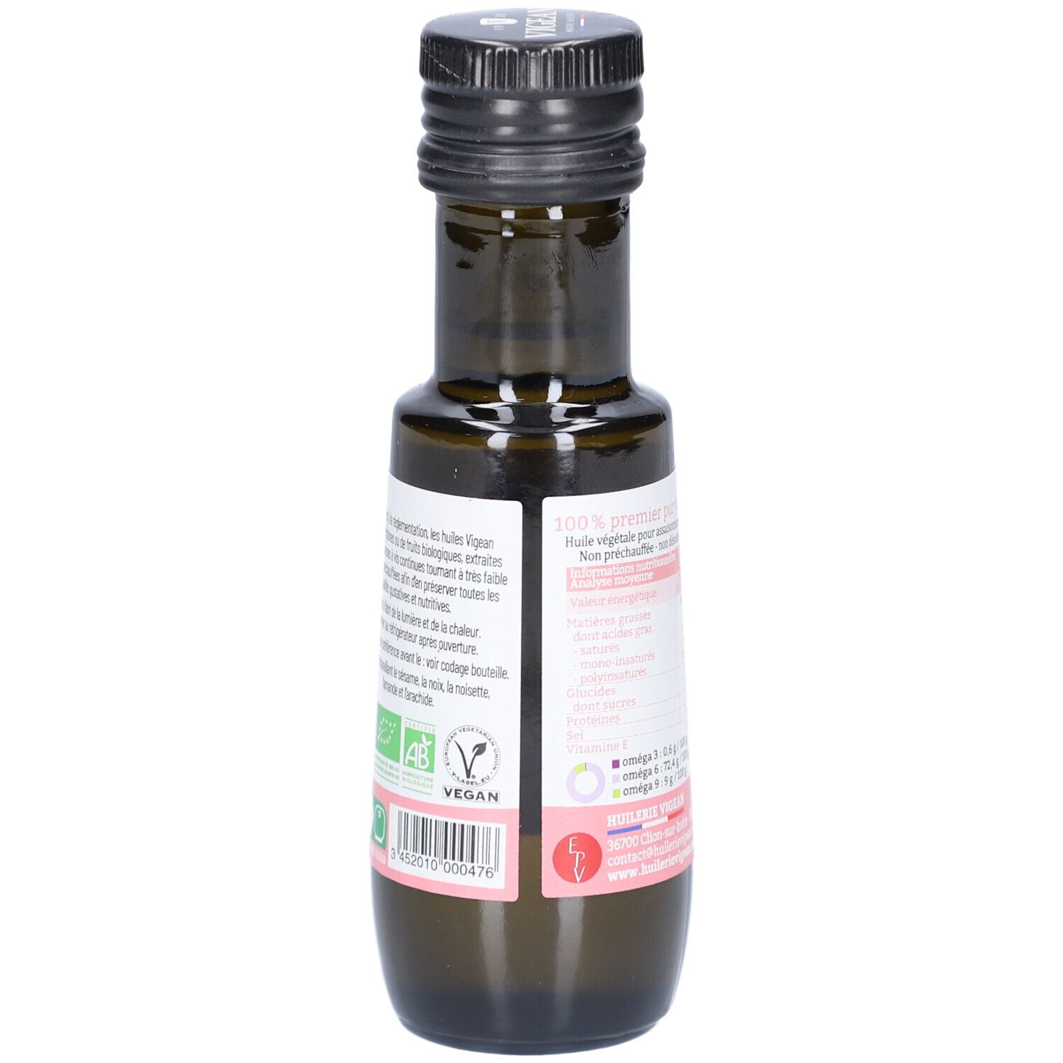 Braune Glasflasche mit schwarzem Deckel. Rückseite mit Text, Bio-Siegel und Vegan-Logo. VIGEAN-Logo.