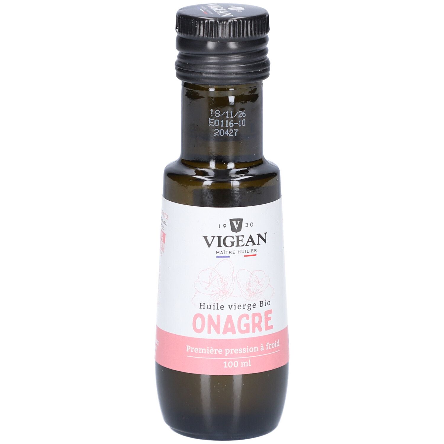 Braune Glasflasche mit schwarzem Deckel. Etikett mit Text: VIGEAN, Huile vierge BIO ONAGRE, Première pression à froid.