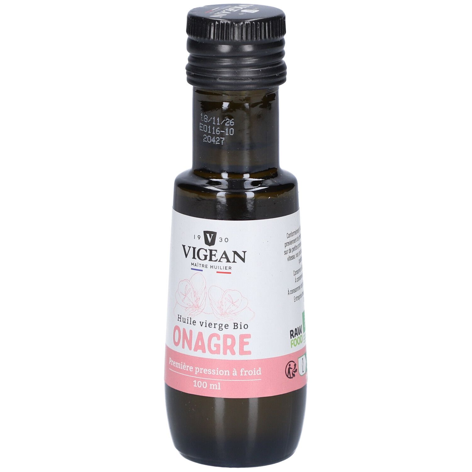 Braune Glasflasche mit schwarzem Deckel. Etikett mit Text: VIGEAN, Huile vierge BIO ONAGRE, Première pression à froid. Bio-Siegel.