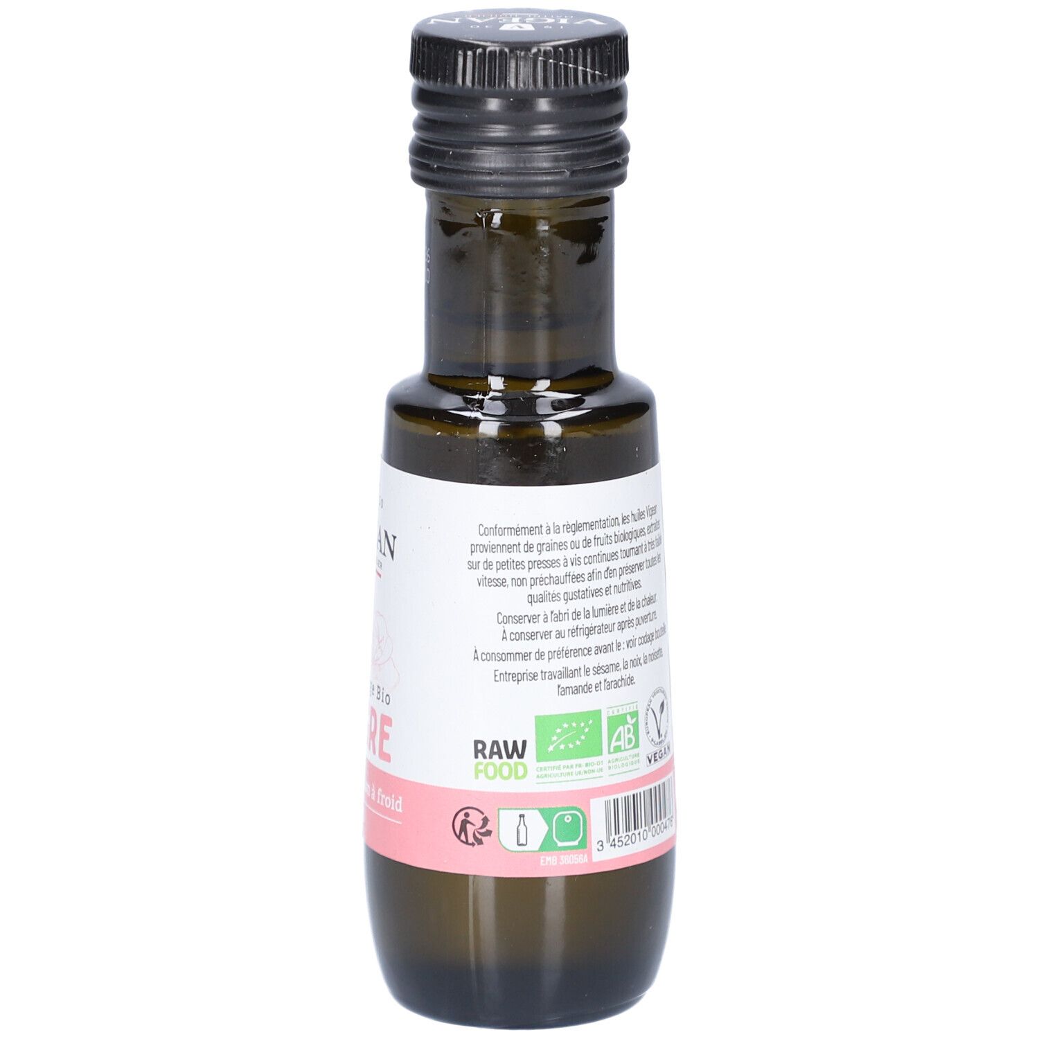 Braune Glasflasche mit schwarzem Deckel. Rückseite mit Text, Bio-Siegel, Vegan-Logo und Raw Food-Logo. VIGEAN-Logo.