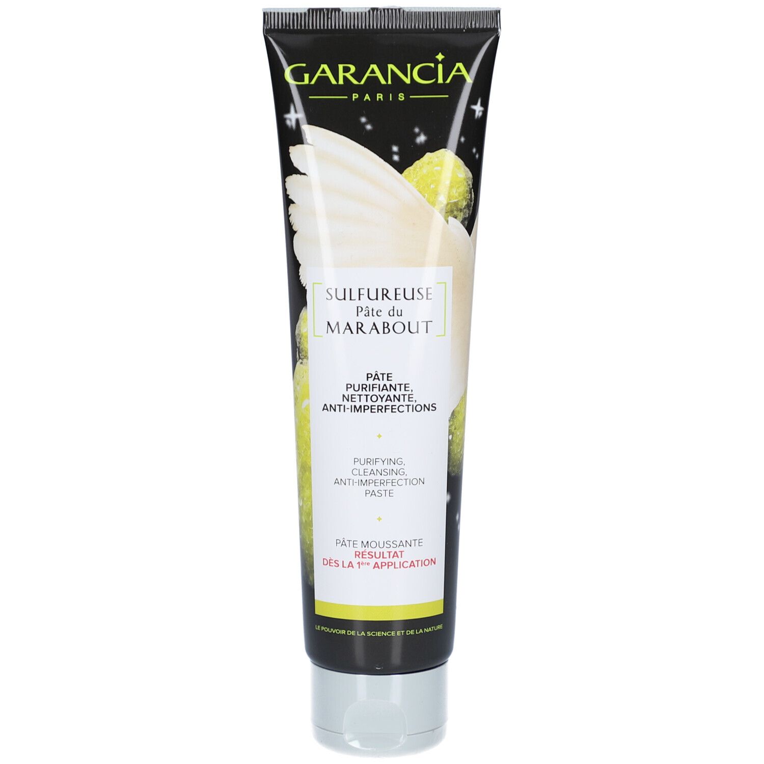 Tube de pâte nettoyante. Inscriptions: GARANCIA PARIS, SULFUREUSE PÂTE DU MARABOUT. Fond noir, bouchon et embout argentés.