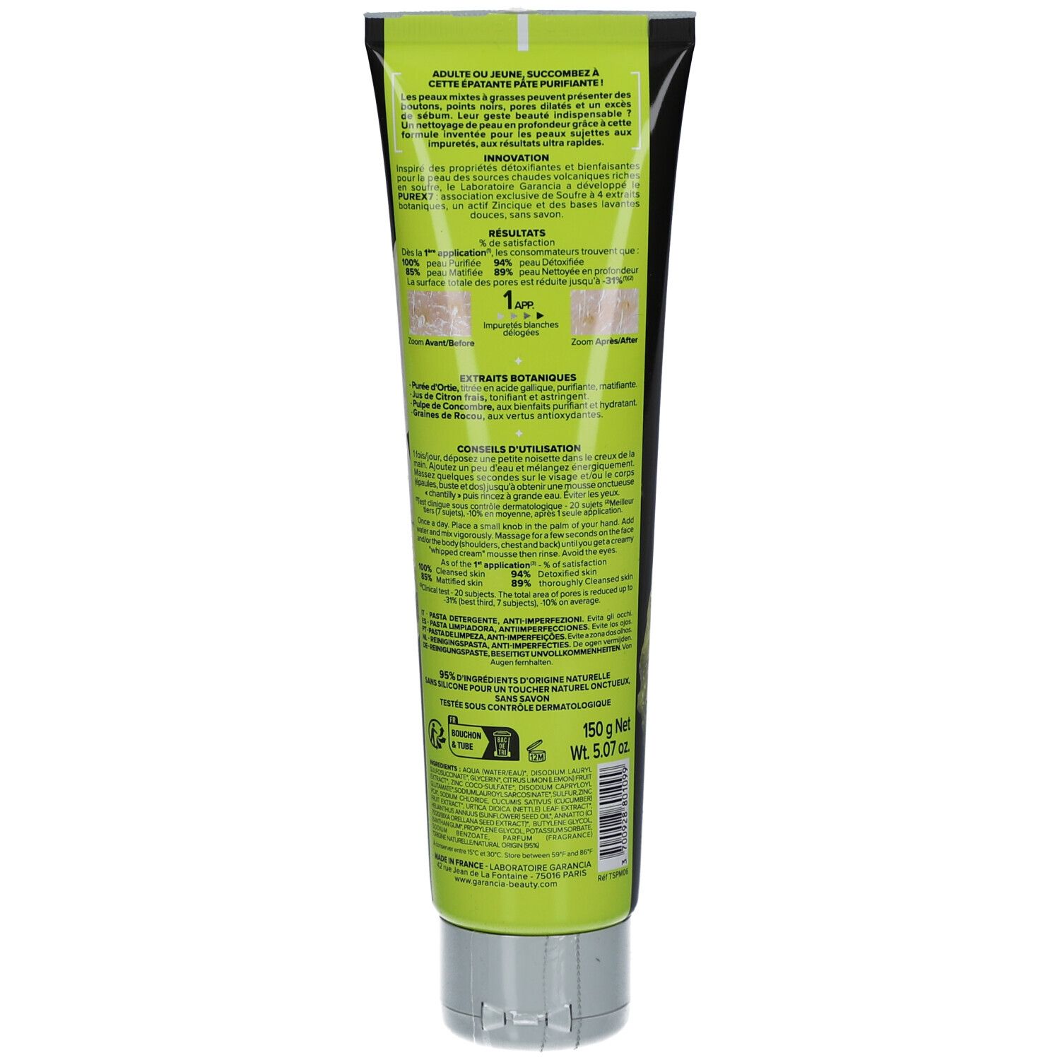 Dos du tube. Texte et graphiques sur fond vert. Contient des informations sur les ingrédients et l'utilisation.