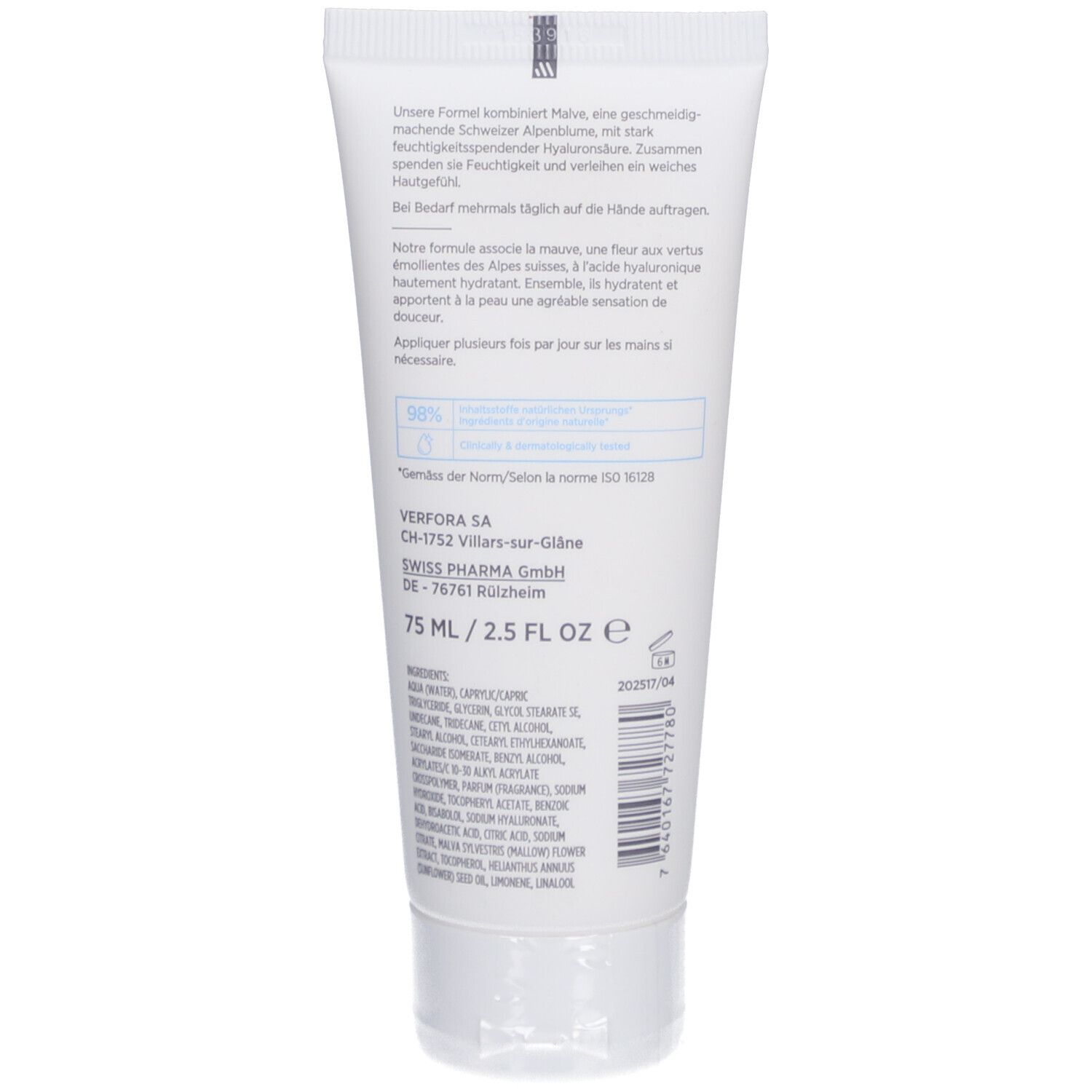 Dos du tube. Texte: 75 ml / 2.5 FL OZ, ingrédients, informations fabricant, label qualité suisse.